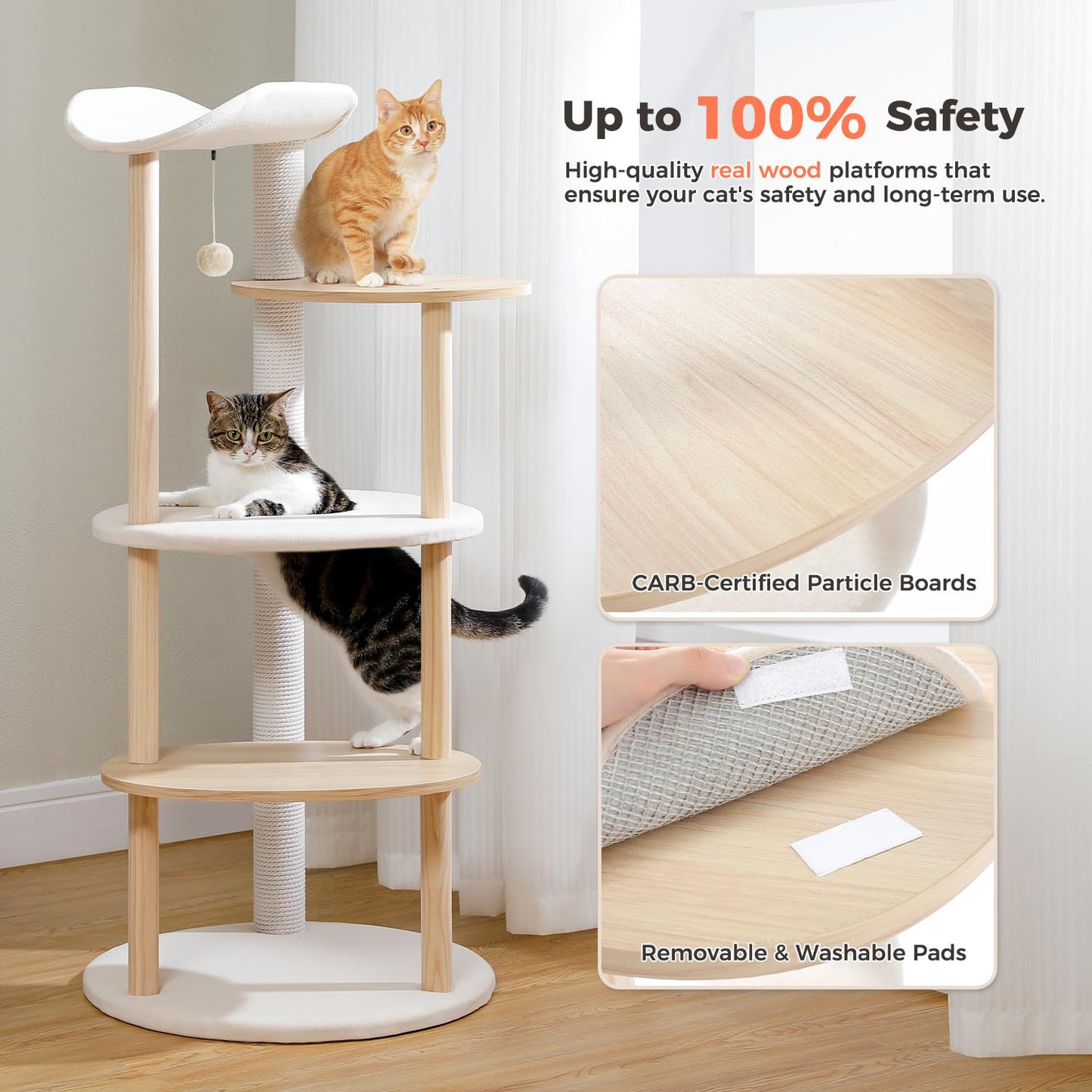 53" Modern Cat Tree for Large Cats, Wooden Cat Tower with Fully Sisal Covered Scratching Posts and Solid Wood Posts, Cat Furniture with Spacious Perch and Cozy Condo Beige