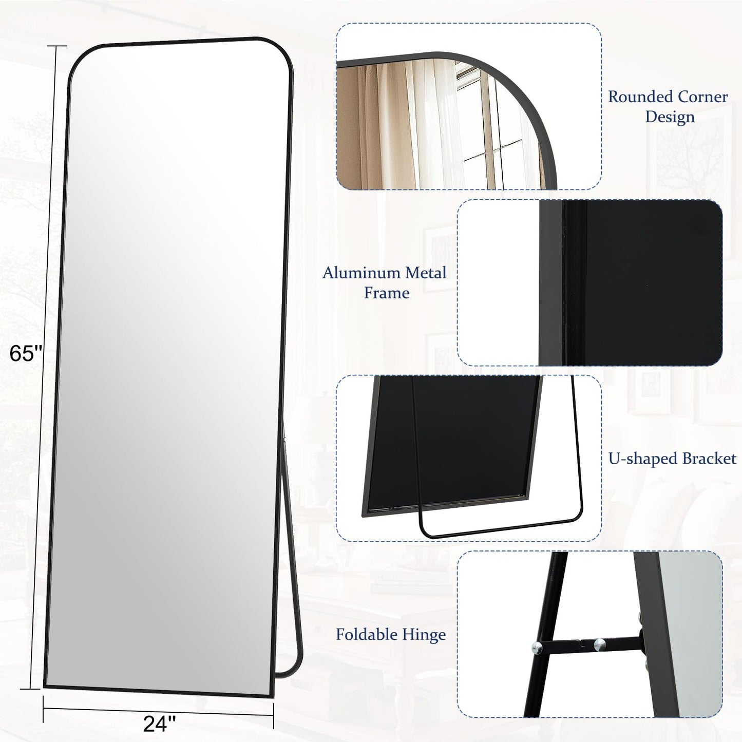 Full Length Mirror 65"x24" Arched Floor Standing Large Mirrors Full Body Mirror with Stand - with Aluminum Frame for Bedroom Living Room, Black
