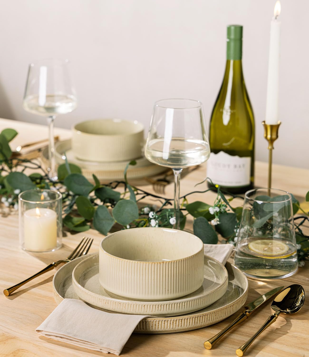 TheTerra Ceramic Dinnerware Sets for 4, 12 Pieces Porcelain Lightweight Plates and Bowls Sets, Scratch Resistant Dish Set, Oven & Microwave & Dishwasher Safe, Beige