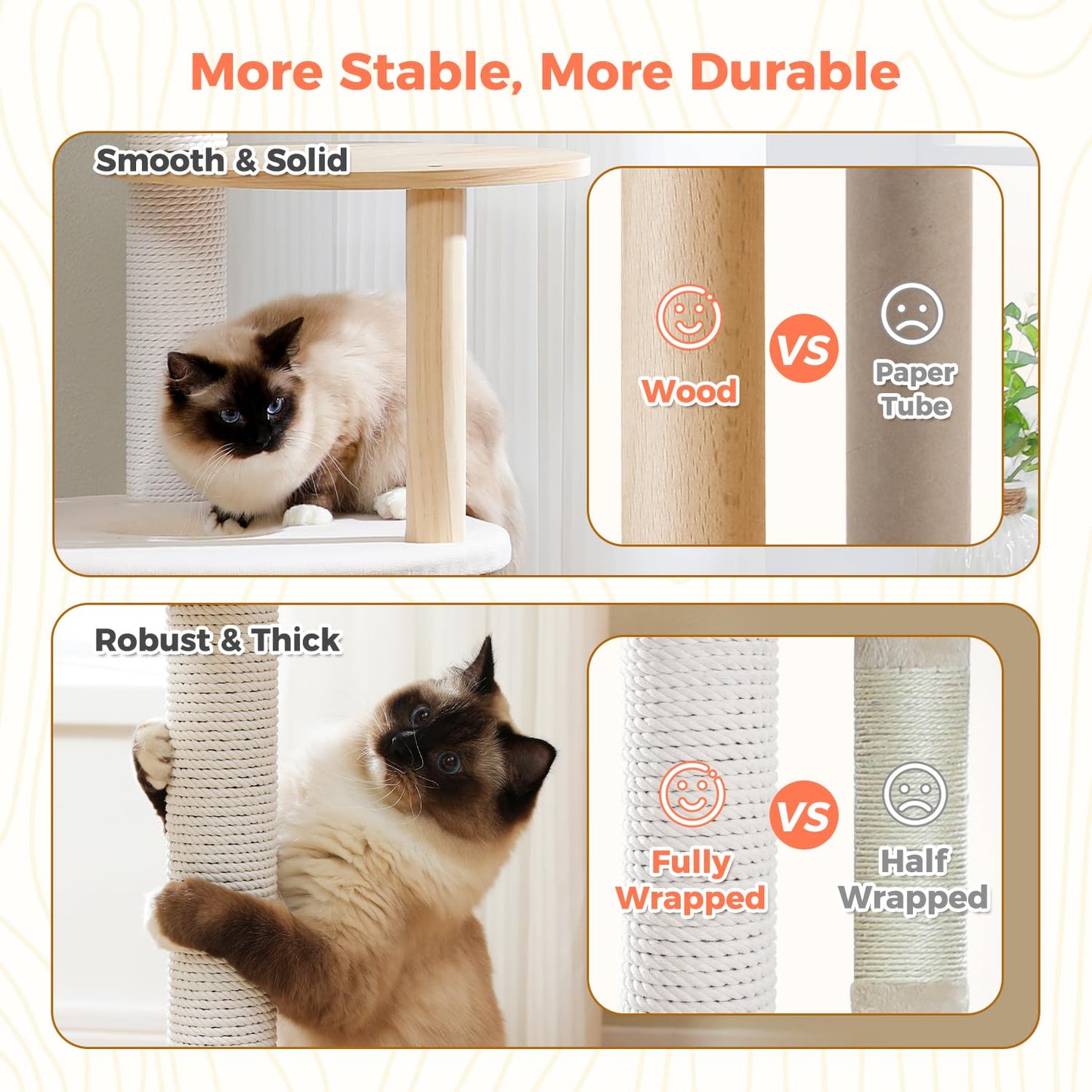 53" Modern Cat Tree for Large Cats, Wooden Cat Tower with Fully Sisal Covered Scratching Posts and Solid Wood Posts, Cat Furniture with Spacious Perch and Cozy Condo Beige