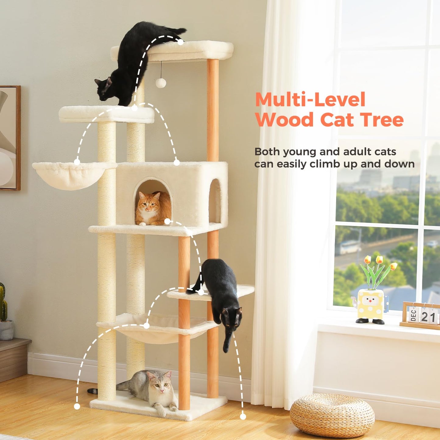 53" Modern Cat Tree for Large Cats, Wooden Cat Tower with Fully Sisal Covered Scratching Posts and Solid Wood Posts, Cat Furniture with Spacious Perch and Cozy Condo Beige