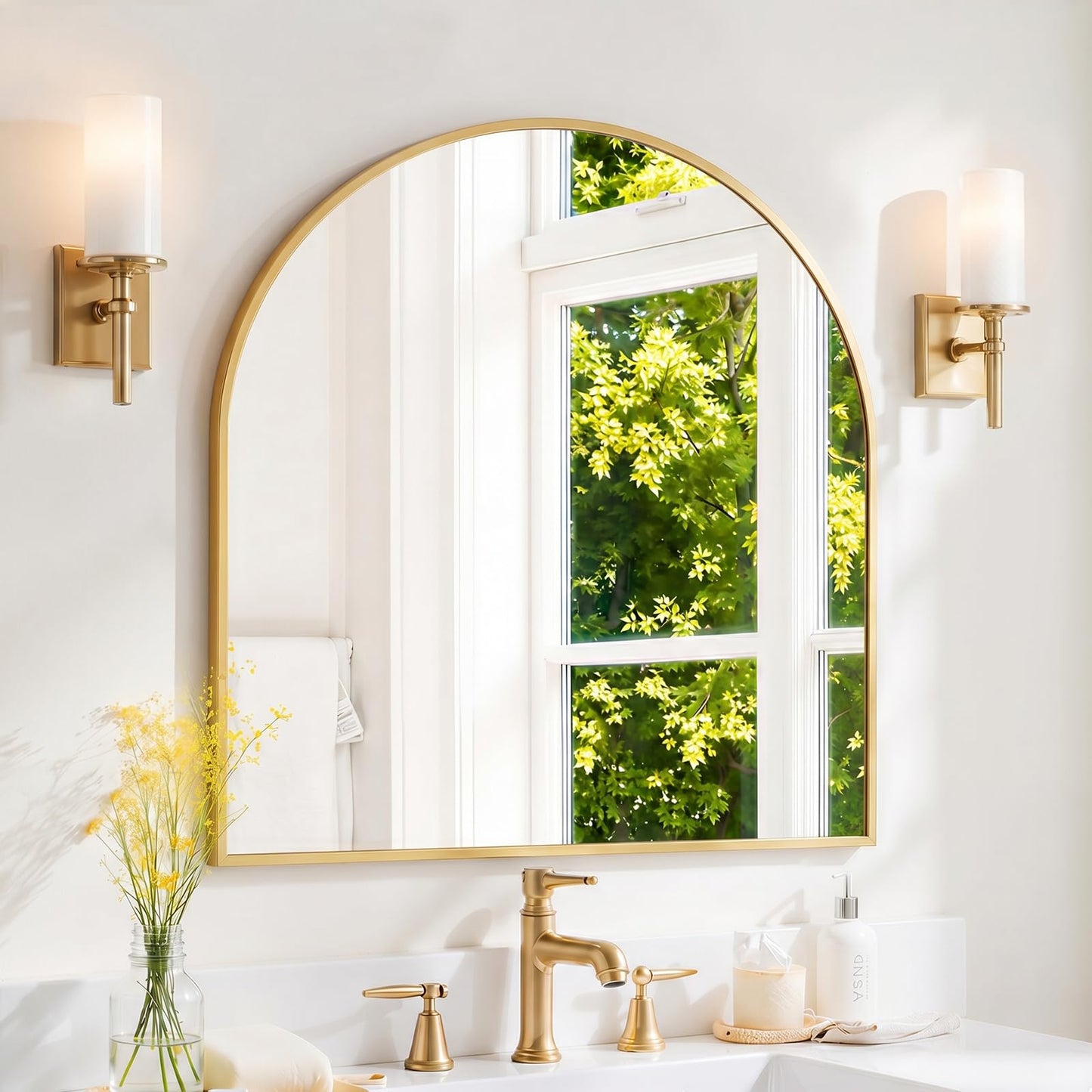 Arched Wall Mirror 36x24 Inch Gold Bathroom Vanity Mirror with Metal Frame, Modern Arch Mirror for Bedroom, Living Room, Entryway, Wall Mounted Decorative Mirror