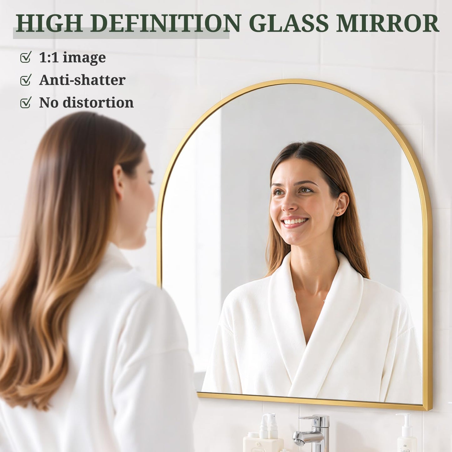 Arched Wall Mirror 36x24 Inch Gold Bathroom Vanity Mirror with Metal Frame, Modern Arch Mirror for Bedroom, Living Room, Entryway, Wall Mounted Decorative Mirror