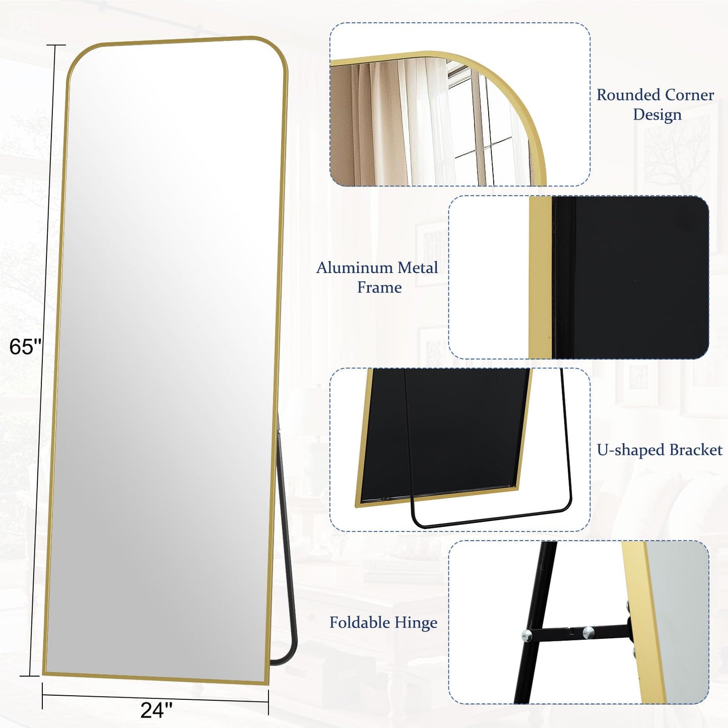 Full Length Mirror 65"x24" Arched Floor Standing Large Mirrors Full Body Mirror with Stand - with Aluminum Frame for Bedroom Living Room, Black