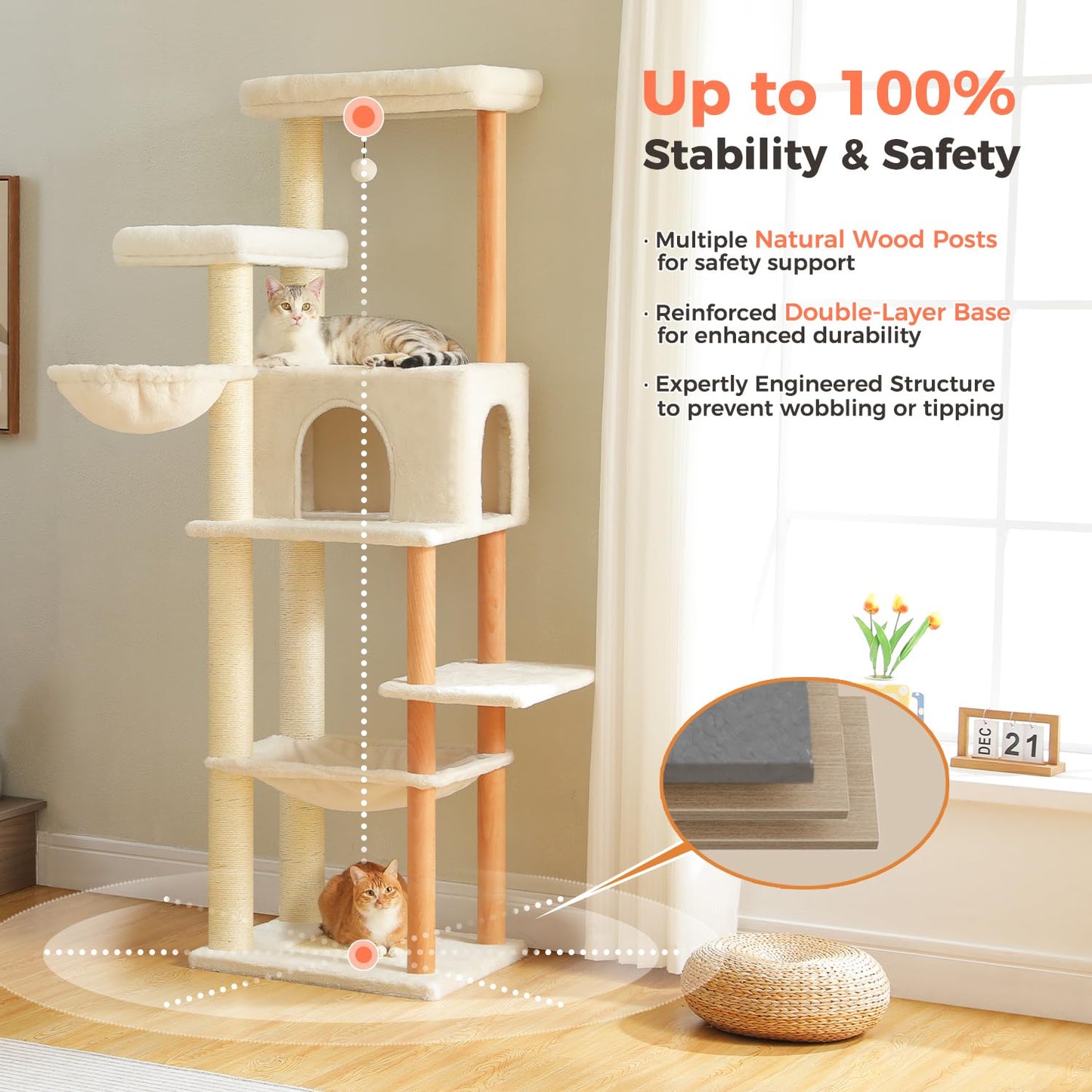 53" Modern Cat Tree for Large Cats, Wooden Cat Tower with Fully Sisal Covered Scratching Posts and Solid Wood Posts, Cat Furniture with Spacious Perch and Cozy Condo Beige