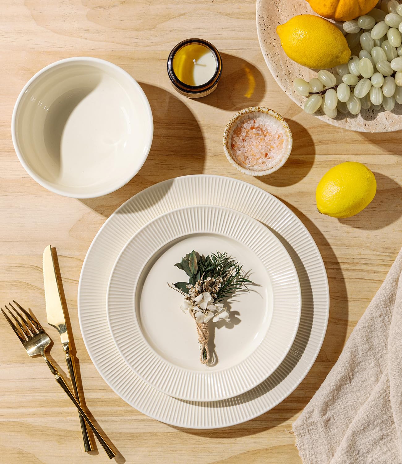 TheTerra Ceramic Dinnerware Sets for 4, 12 Pieces Porcelain Lightweight Plates and Bowls Sets, Scratch Resistant Dish Set, Oven & Microwave & Dishwasher Safe, Beige