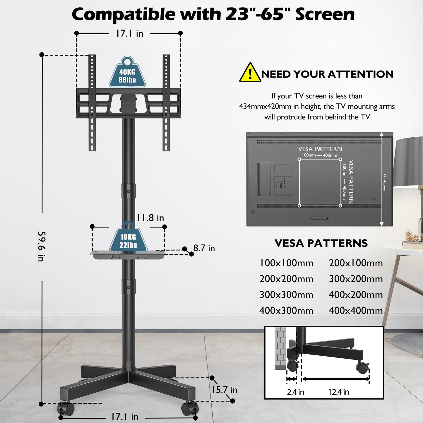 BONTEC Rolling TV Stand with Tilt, Mobile TV Cart for 32–85 Inch LED LCD Flat Curved TVs, Portable Stand with Laptop Shelf, Locking Wheels, Outdoor TV Stand Holds 132 lbs, Max VESA 600x400mm, White
