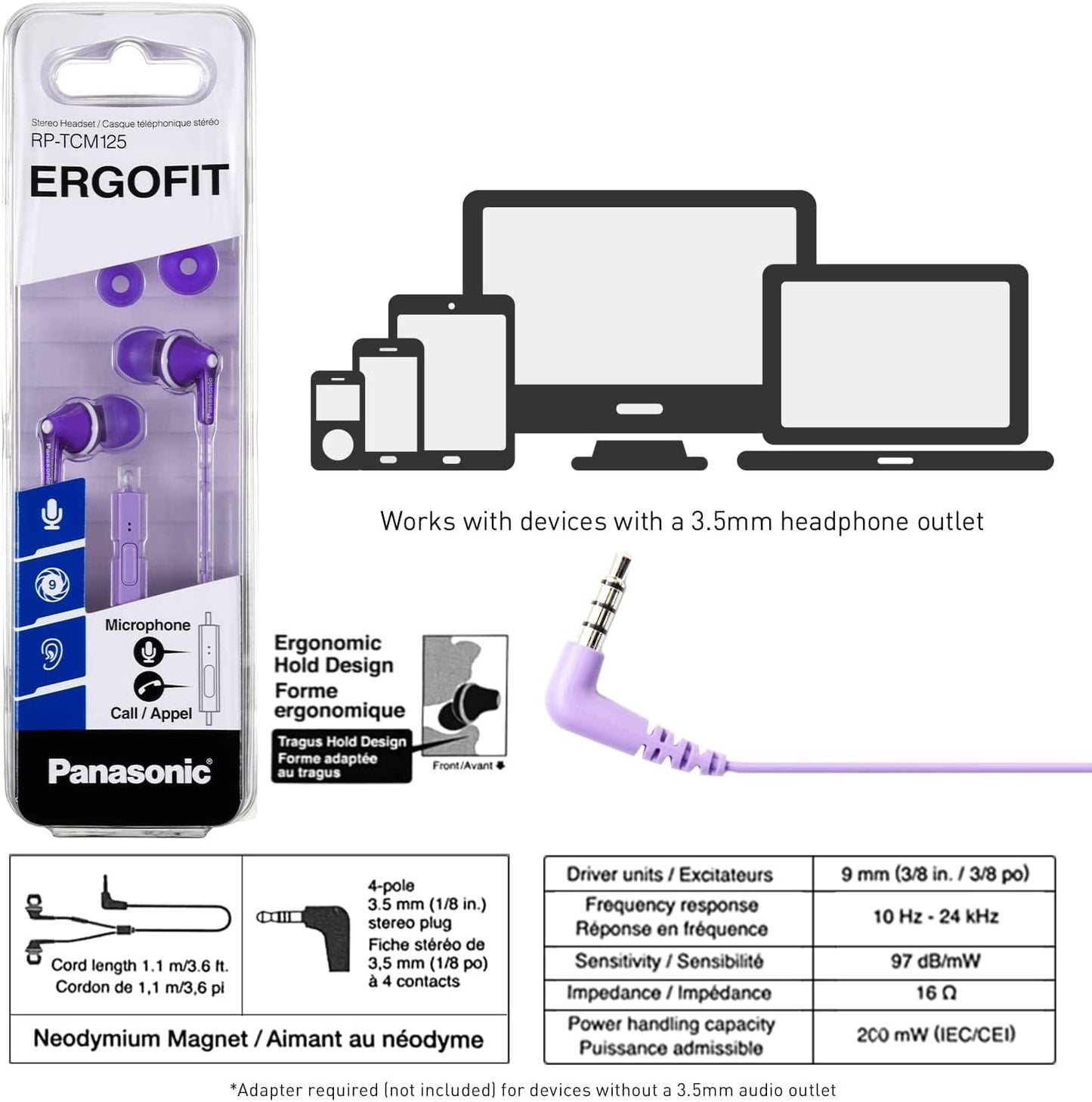 Panasonic ErgoFit Wired Earbuds, In-Ear Headphones with Dynamic Crystal-Clear Sound and Ergonomic Custom-Fit Earpieces (S/M/L), 3.5mm Jack for Phones and Laptops, No Mic - RP-HJE120-K (Black)