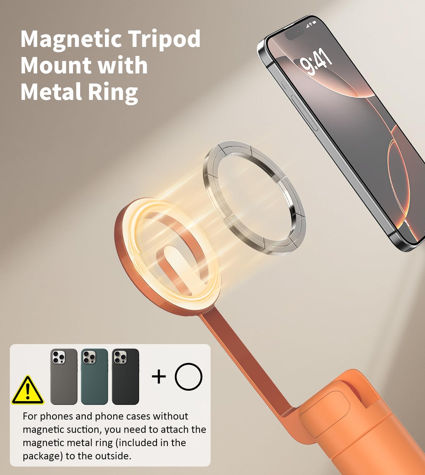 TONEOF 68" Magnetic Selfie Stick Tripod with Aluminum Strong Magnetic Holder for Magsafe, 360° Rotatable Travel Phone Tripod Stand with Metal Ring & Rechargeable Remote for iPhone/Android(Beige Gray)
