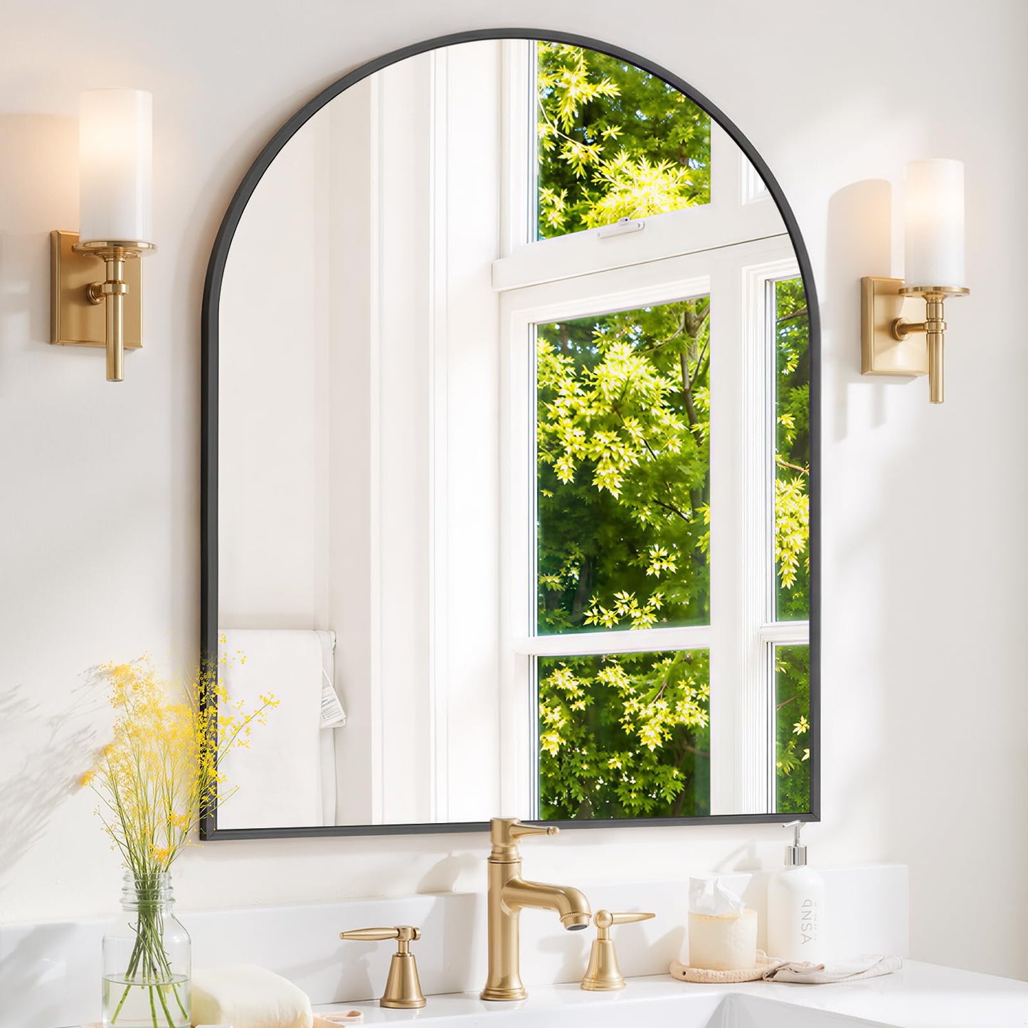 Arched Wall Mirror 36x24 Inch Gold Bathroom Vanity Mirror with Metal Frame, Modern Arch Mirror for Bedroom, Living Room, Entryway, Wall Mounted Decorative Mirror