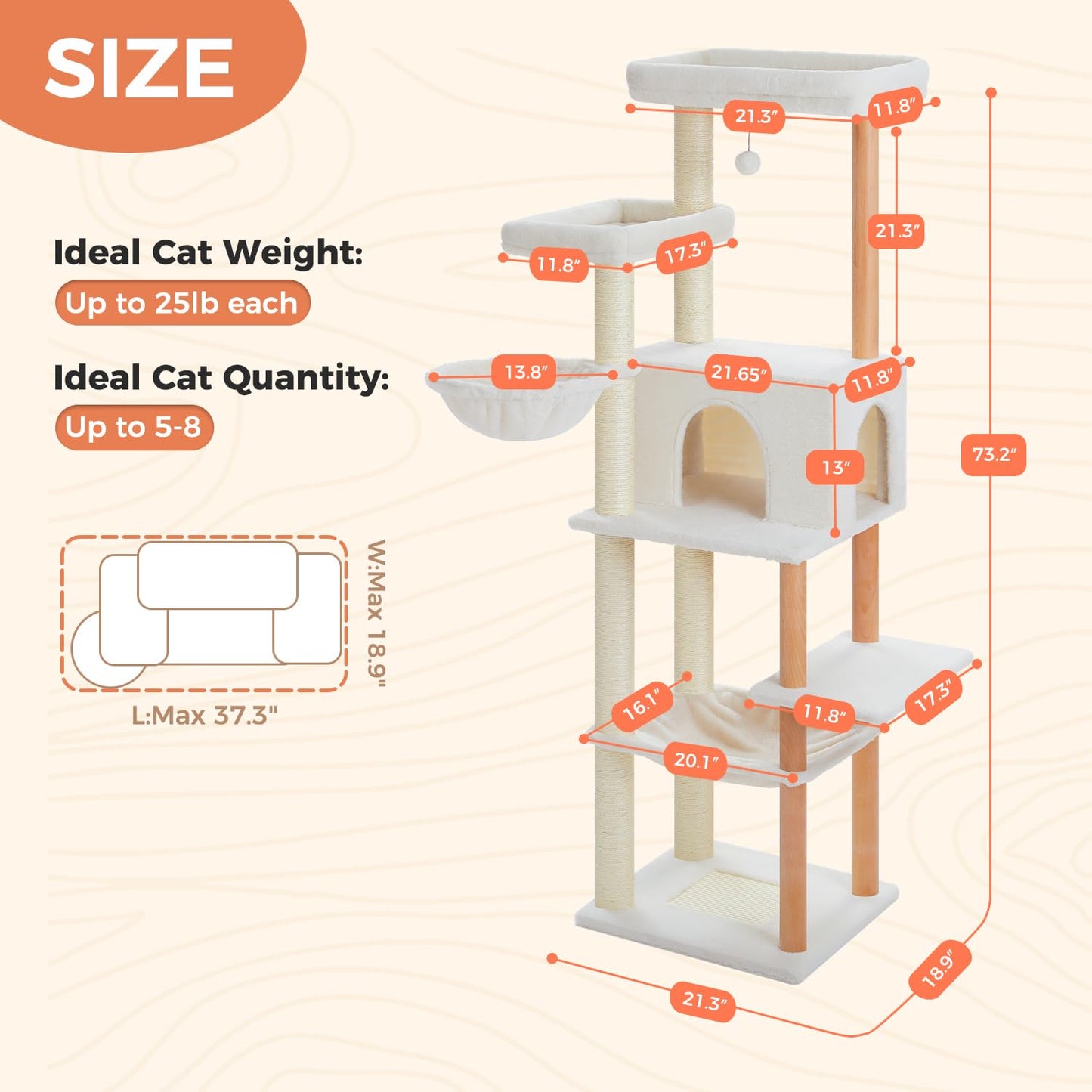 53" Modern Cat Tree for Large Cats, Wooden Cat Tower with Fully Sisal Covered Scratching Posts and Solid Wood Posts, Cat Furniture with Spacious Perch and Cozy Condo Beige