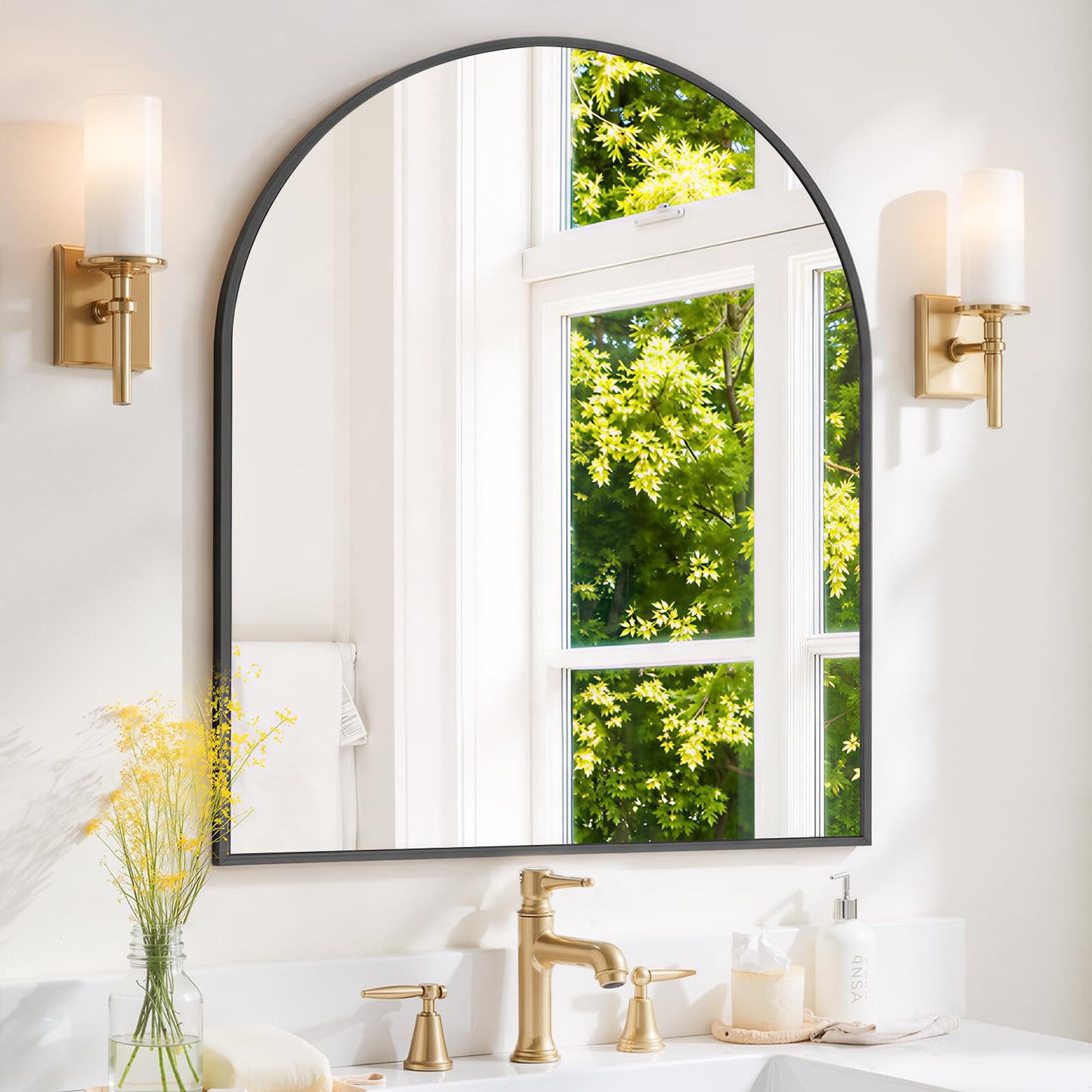 Arched Wall Mirror 36x24 Inch Gold Bathroom Vanity Mirror with Metal Frame, Modern Arch Mirror for Bedroom, Living Room, Entryway, Wall Mounted Decorative Mirror