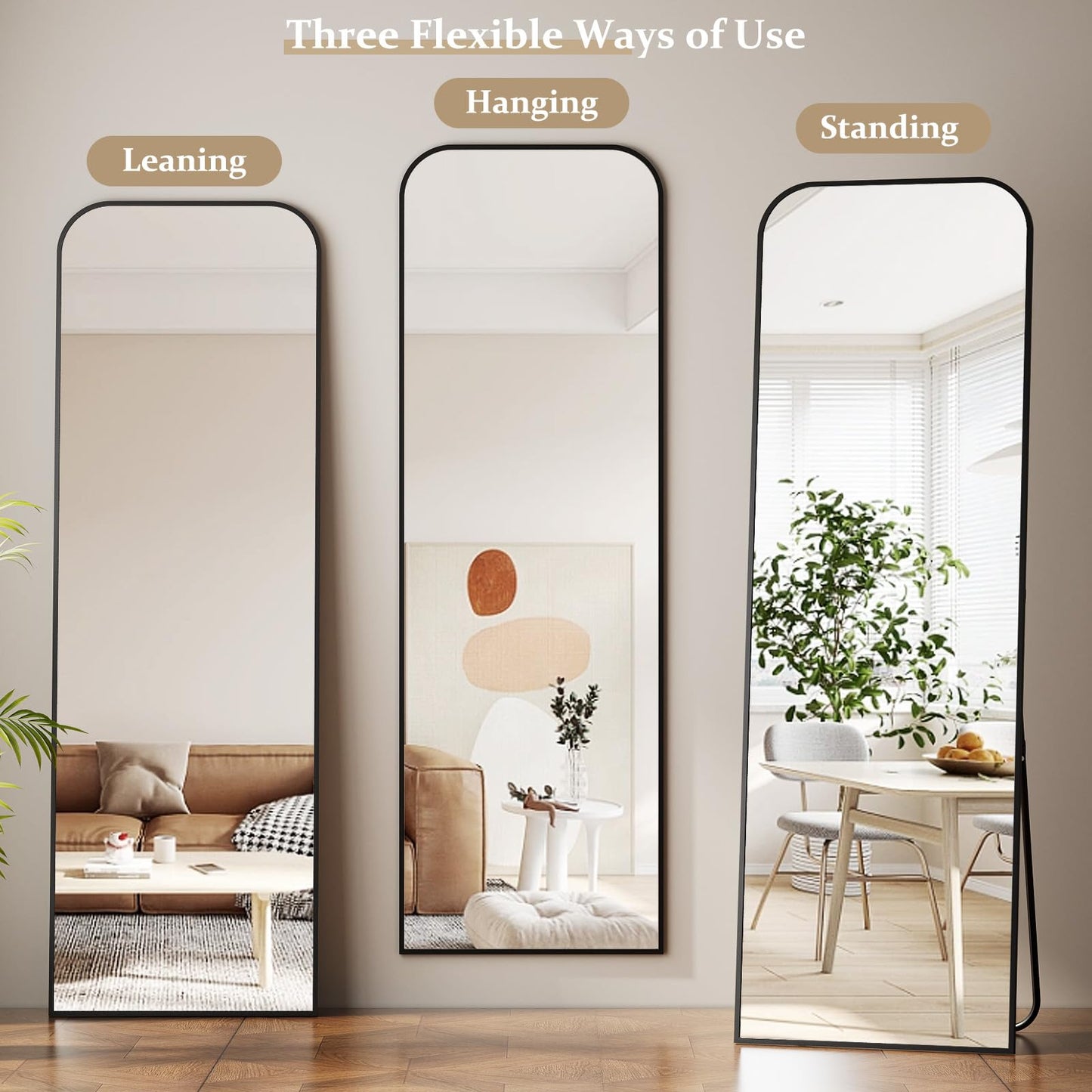 Full Length Mirror 65"x24" Arched Floor Standing Large Mirrors Full Body Mirror with Stand - with Aluminum Frame for Bedroom Living Room, Black