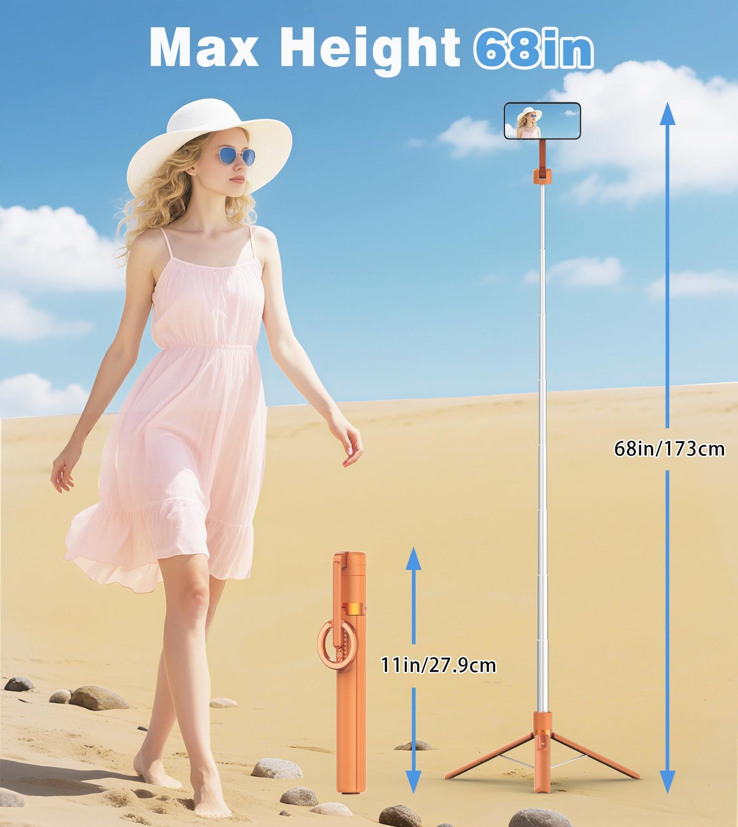 TONEOF 68" Magnetic Selfie Stick Tripod with Aluminum Strong Magnetic Holder for Magsafe, 360° Rotatable Travel Phone Tripod Stand with Metal Ring & Rechargeable Remote for iPhone/Android(Beige Gray)
