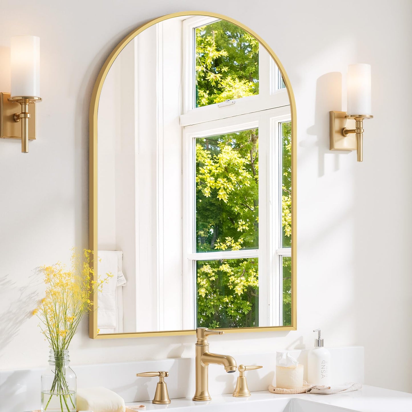 Arched Wall Mirror 36x24 Inch Gold Bathroom Vanity Mirror with Metal Frame, Modern Arch Mirror for Bedroom, Living Room, Entryway, Wall Mounted Decorative Mirror