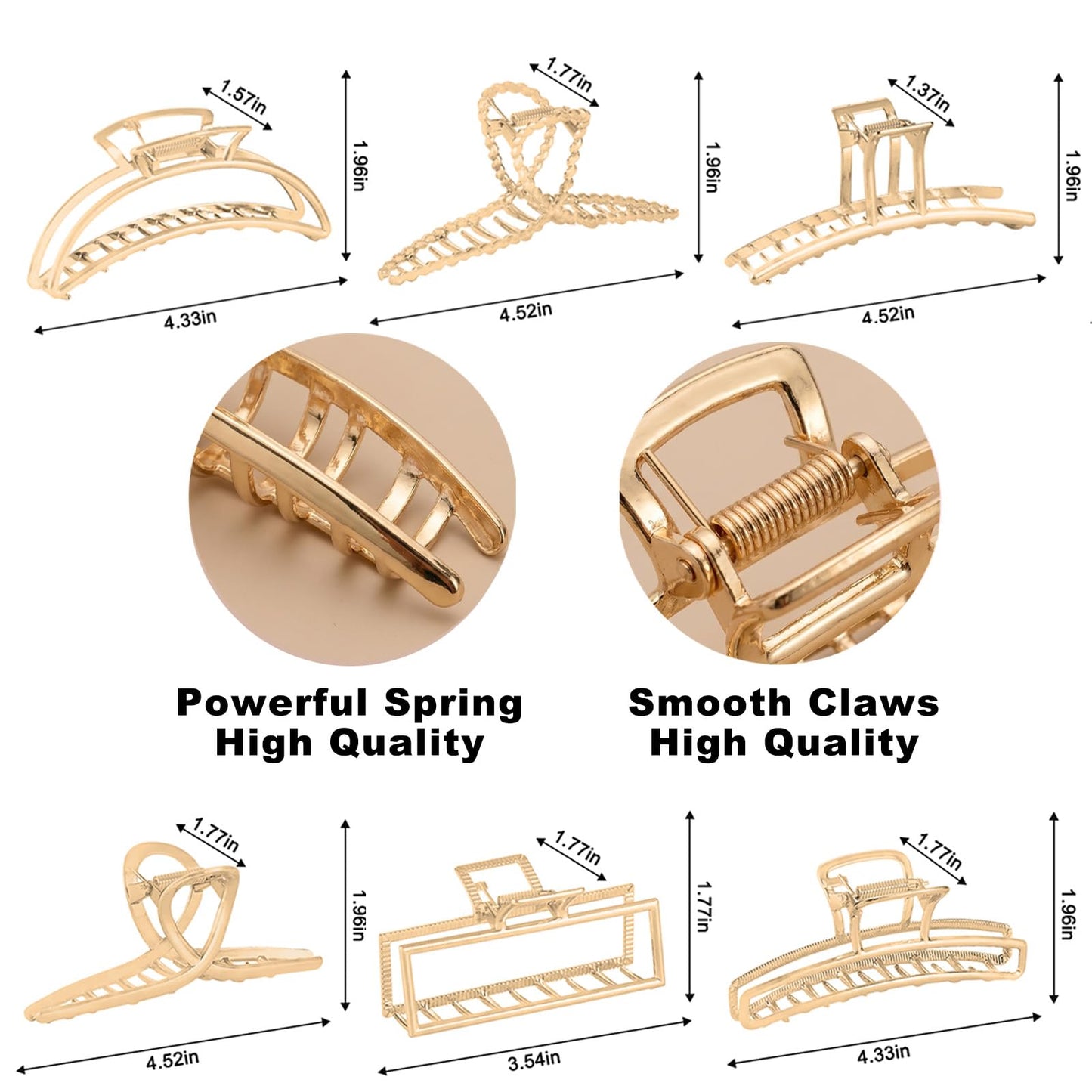 LUKACY 6 Pack Gold Metal Hair Clips - 4 Inch Large Jaw Clips for Women, Strong Hold Hair Claws for Thick or Thin Hair, Fashion Hair Accessories for Styling
