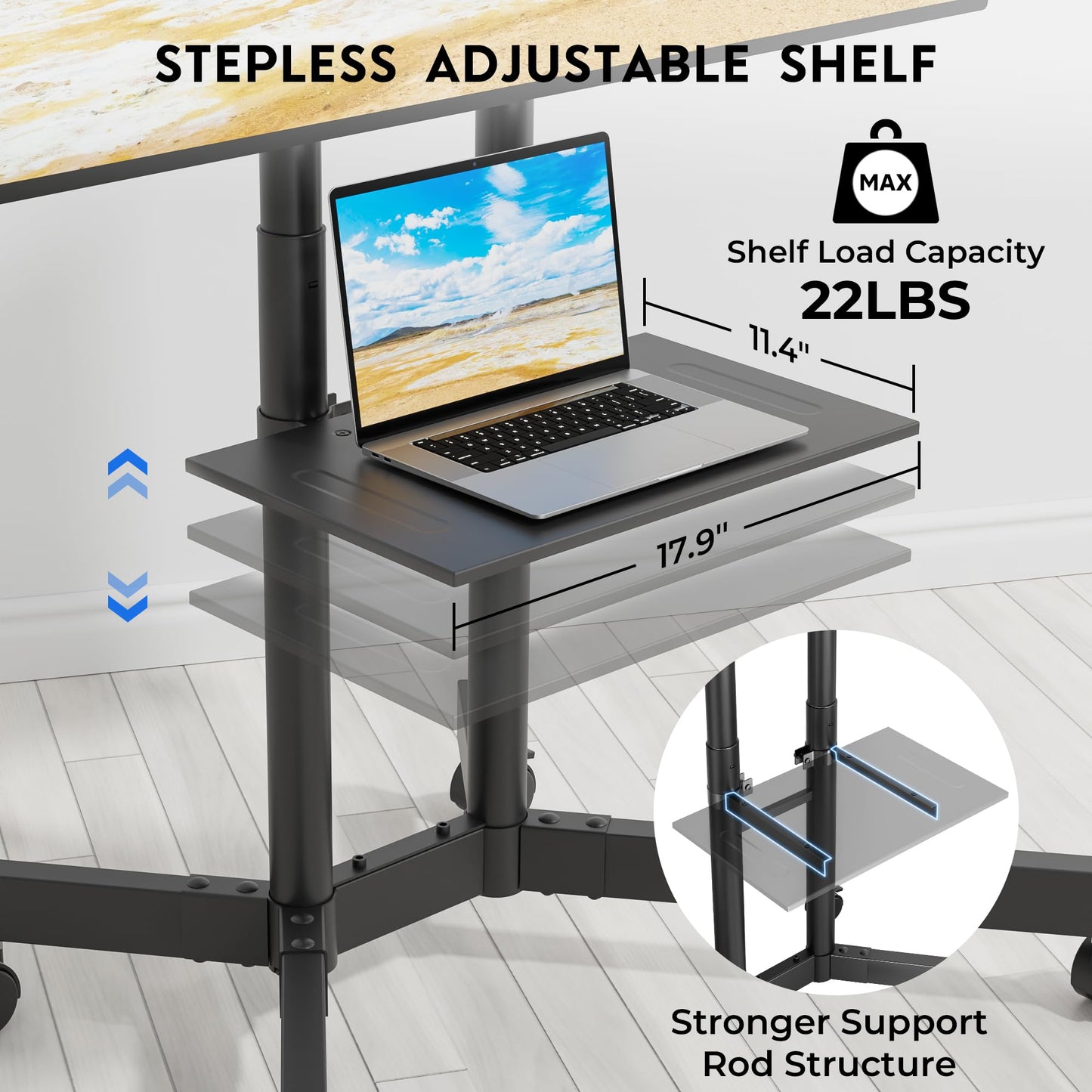 BONTEC Rolling TV Stand with Tilt, Mobile TV Cart for 32–85 Inch LED LCD Flat Curved TVs, Portable Stand with Laptop Shelf, Locking Wheels, Outdoor TV Stand Holds 132 lbs, Max VESA 600x400mm, White