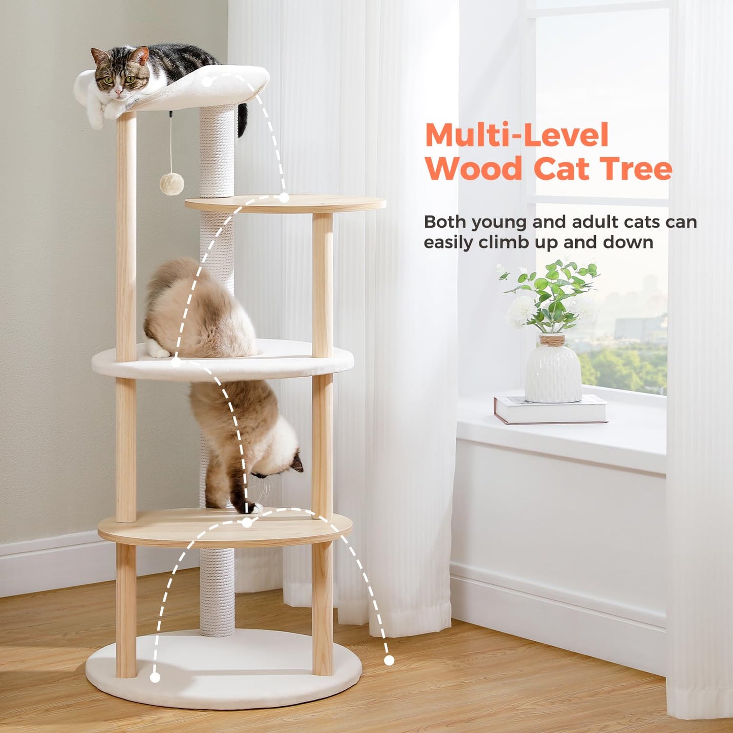 53" Modern Cat Tree for Large Cats, Wooden Cat Tower with Fully Sisal Covered Scratching Posts and Solid Wood Posts, Cat Furniture with Spacious Perch and Cozy Condo Beige