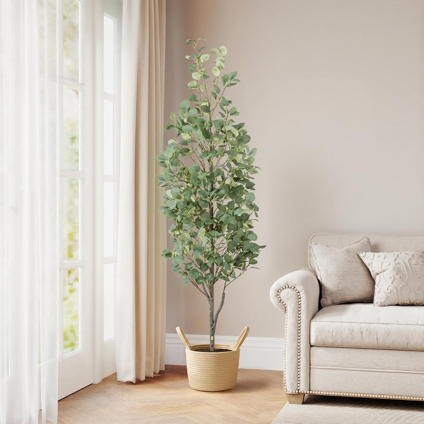 6FT Fall Artificial Eucalyptus Tree with Wicker Basket, Orange Potted Faux Eucalyptus Trees, Autumn Fake Eucalyptus Plants, Lifelike Leaves & Natural Trunk for Home Office Bedroom, Indoor