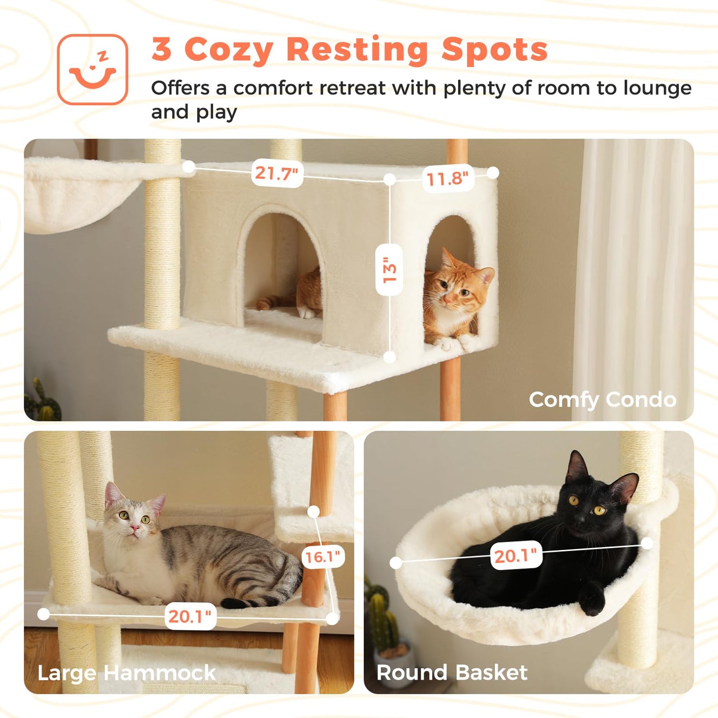 53" Modern Cat Tree for Large Cats, Wooden Cat Tower with Fully Sisal Covered Scratching Posts and Solid Wood Posts, Cat Furniture with Spacious Perch and Cozy Condo Beige