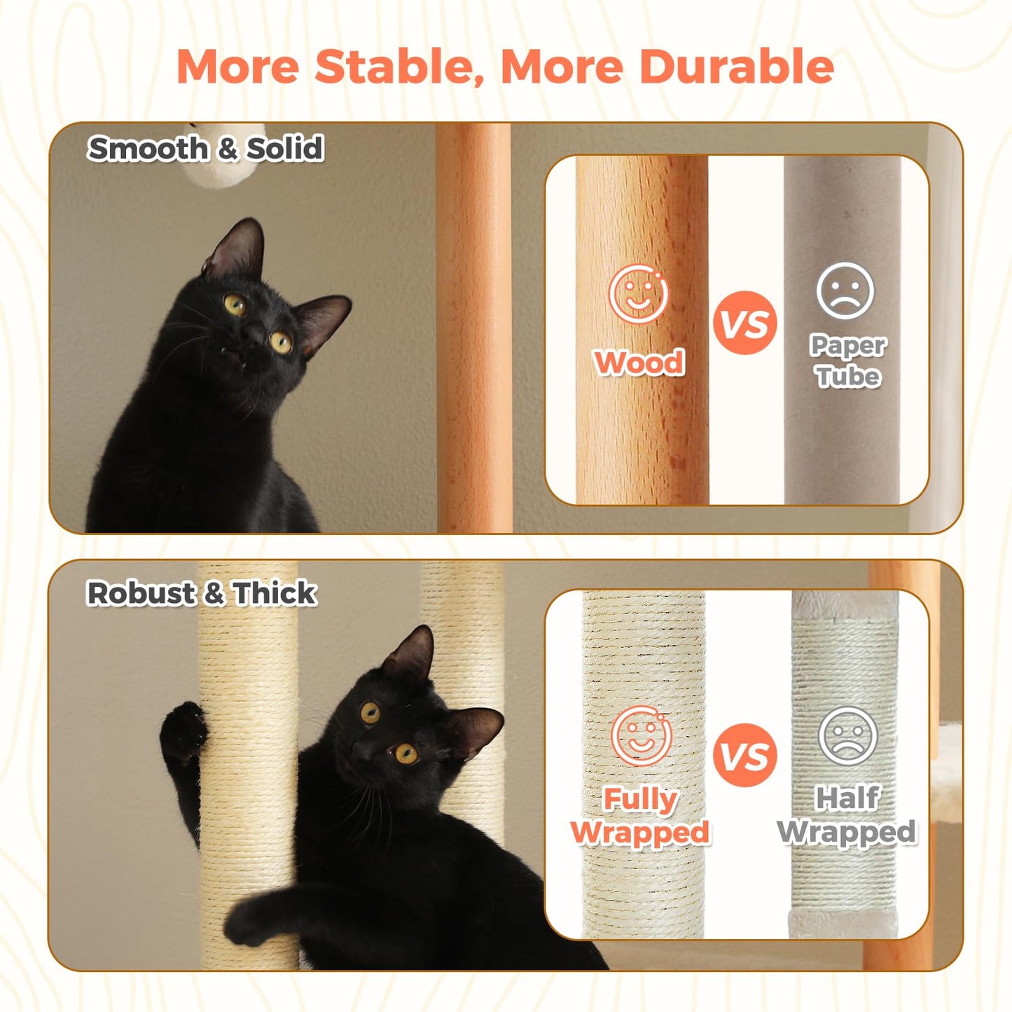53" Modern Cat Tree for Large Cats, Wooden Cat Tower with Fully Sisal Covered Scratching Posts and Solid Wood Posts, Cat Furniture with Spacious Perch and Cozy Condo Beige