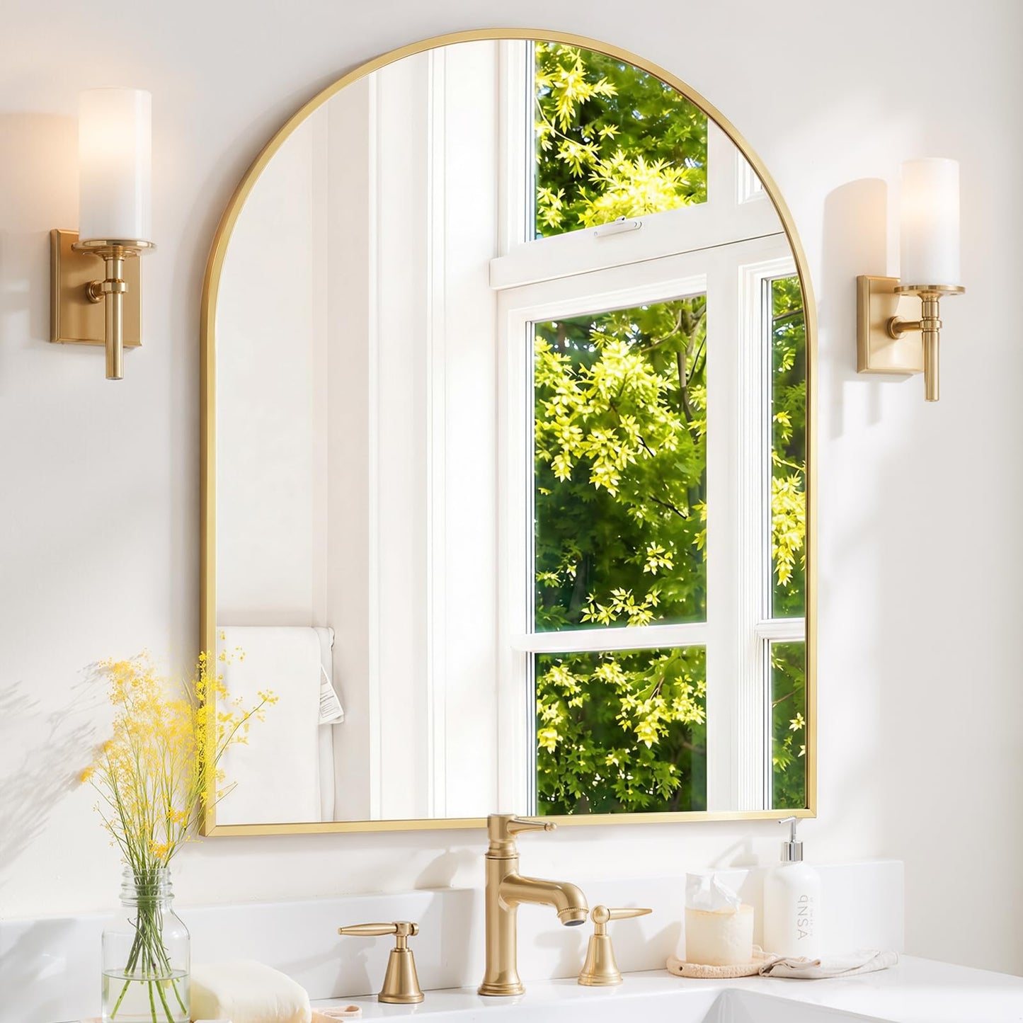 Arched Wall Mirror 36x24 Inch Gold Bathroom Vanity Mirror with Metal Frame, Modern Arch Mirror for Bedroom, Living Room, Entryway, Wall Mounted Decorative Mirror