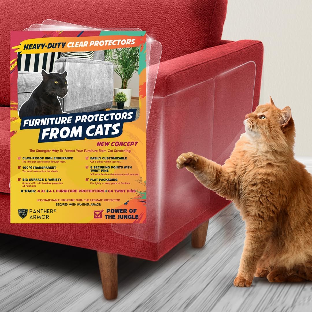 8 Pack Cat Scratch Furniture Protector Sheets – Matte Finish Couch & Sofa Guard from Cat Claws – Easy Apply, Removable, with Twist Pins (4 XL + 4 Large)