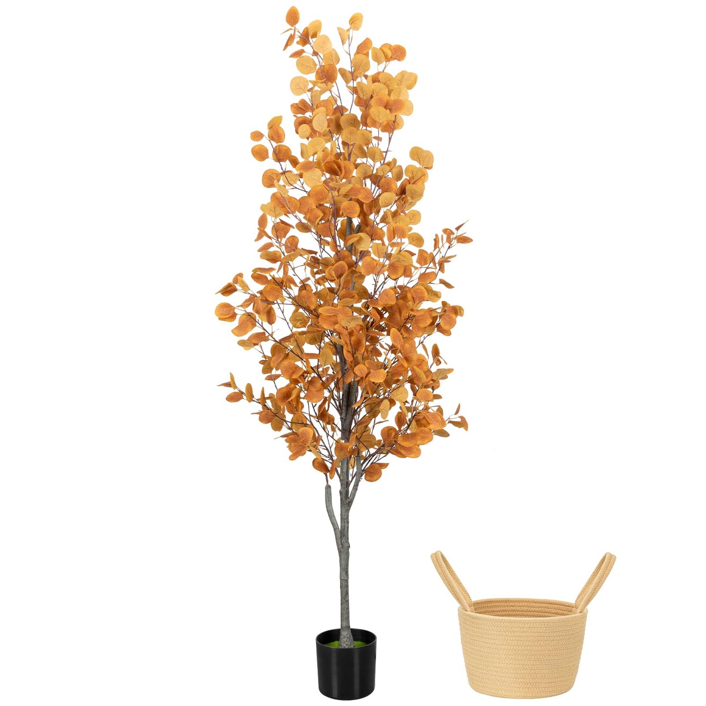 6FT Fall Artificial Eucalyptus Tree with Wicker Basket, Orange Potted Faux Eucalyptus Trees, Autumn Fake Eucalyptus Plants, Lifelike Leaves & Natural Trunk for Home Office Bedroom, Indoor