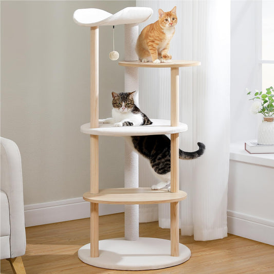 53" Modern Cat Tree for Large Cats, Wooden Cat Tower with Fully Sisal Covered Scratching Posts and Solid Wood Posts, Cat Furniture with Spacious Perch and Cozy Condo Beige