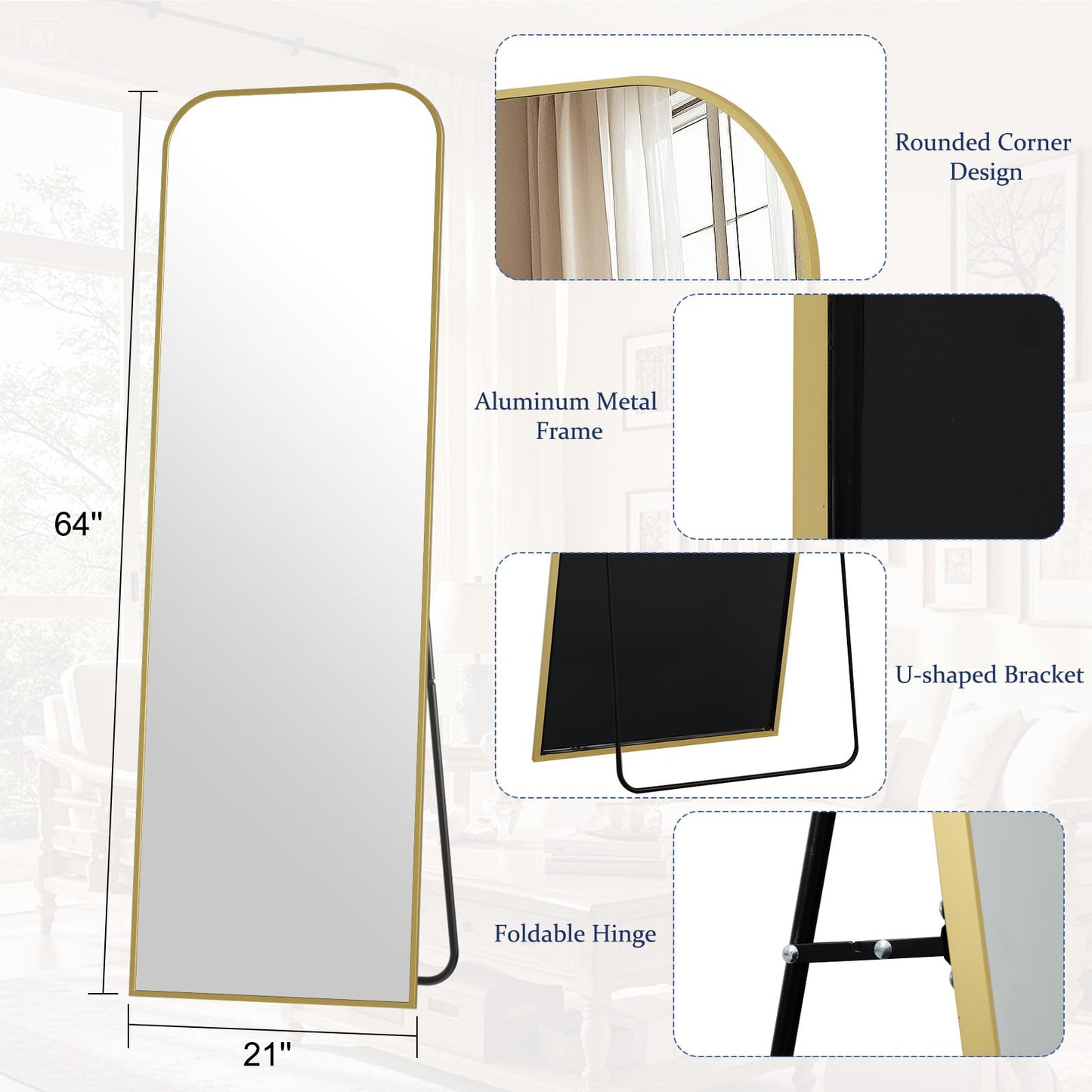 Full Length Mirror 65"x24" Arched Floor Standing Large Mirrors Full Body Mirror with Stand - with Aluminum Frame for Bedroom Living Room, Black