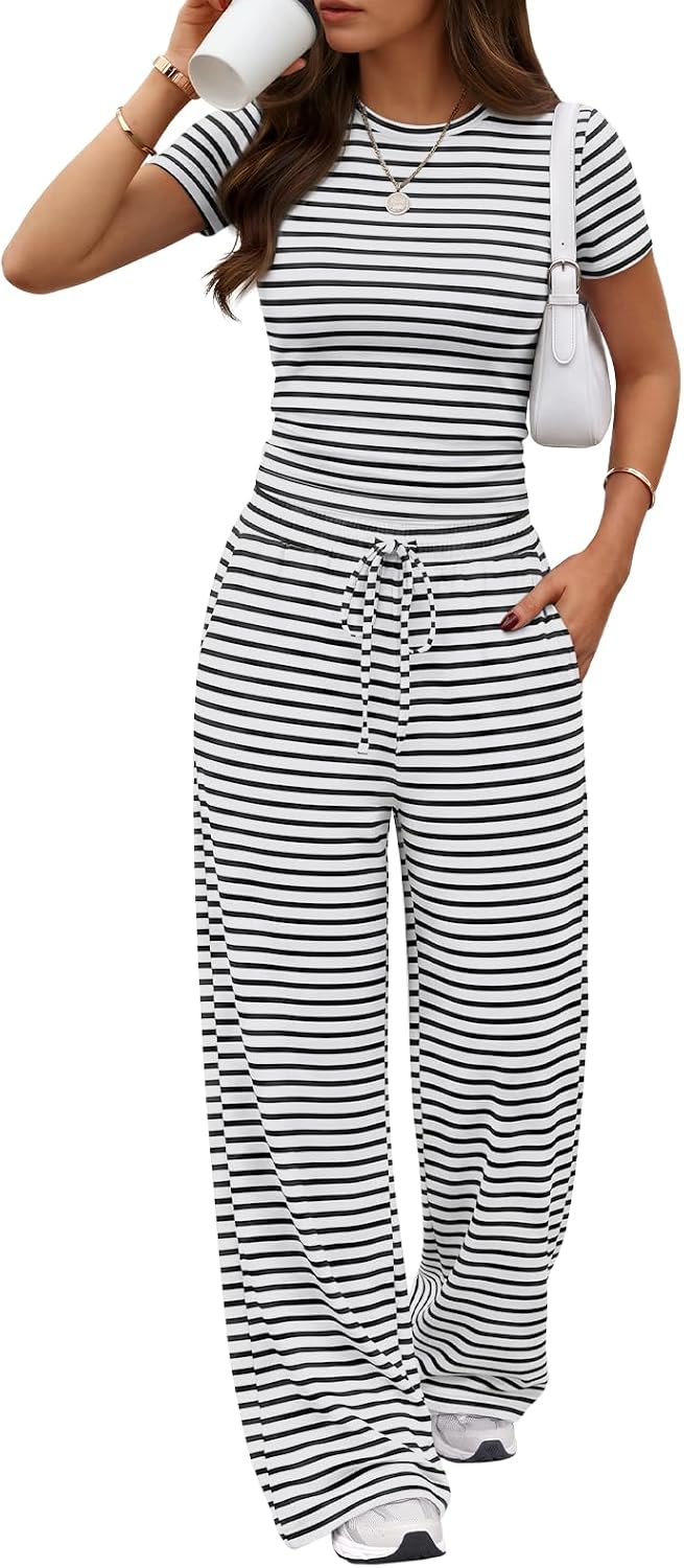Trendy Queen 2 Piece Matching Summer Lounge Set Womens Side Ruching Top Wide Leg Pants Sets with Pockets