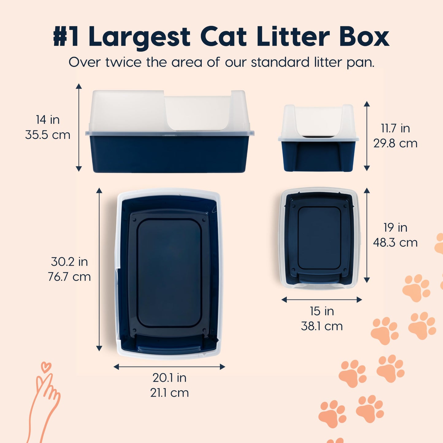 IRIS USA Extra Large Litter Box XXL Open Top High Sided Walls Scatter Shield Scoop Included Easy Clean Plastic Pan for Big Cats Multi-Cat Households 30" L x 20" W x 14" H Black