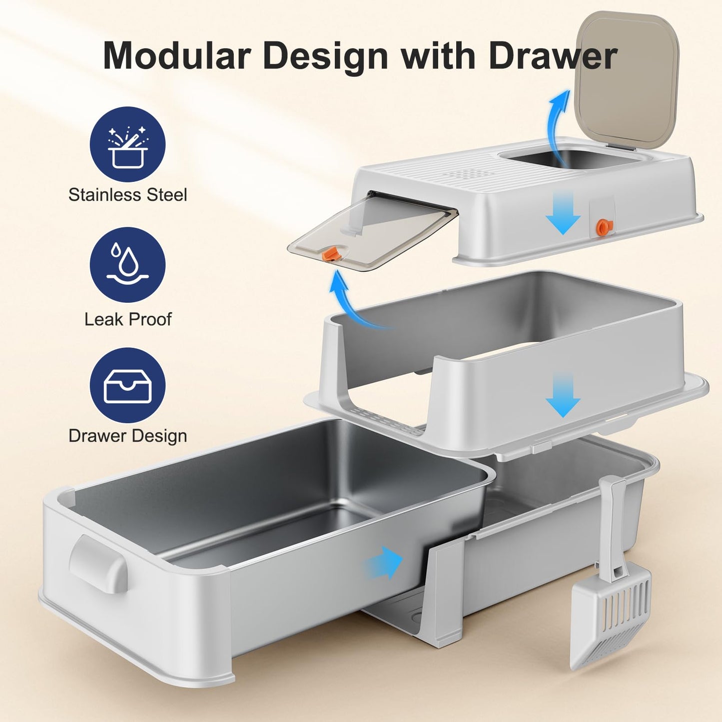 FURTIME Stainless Steel Litter Box with Lid