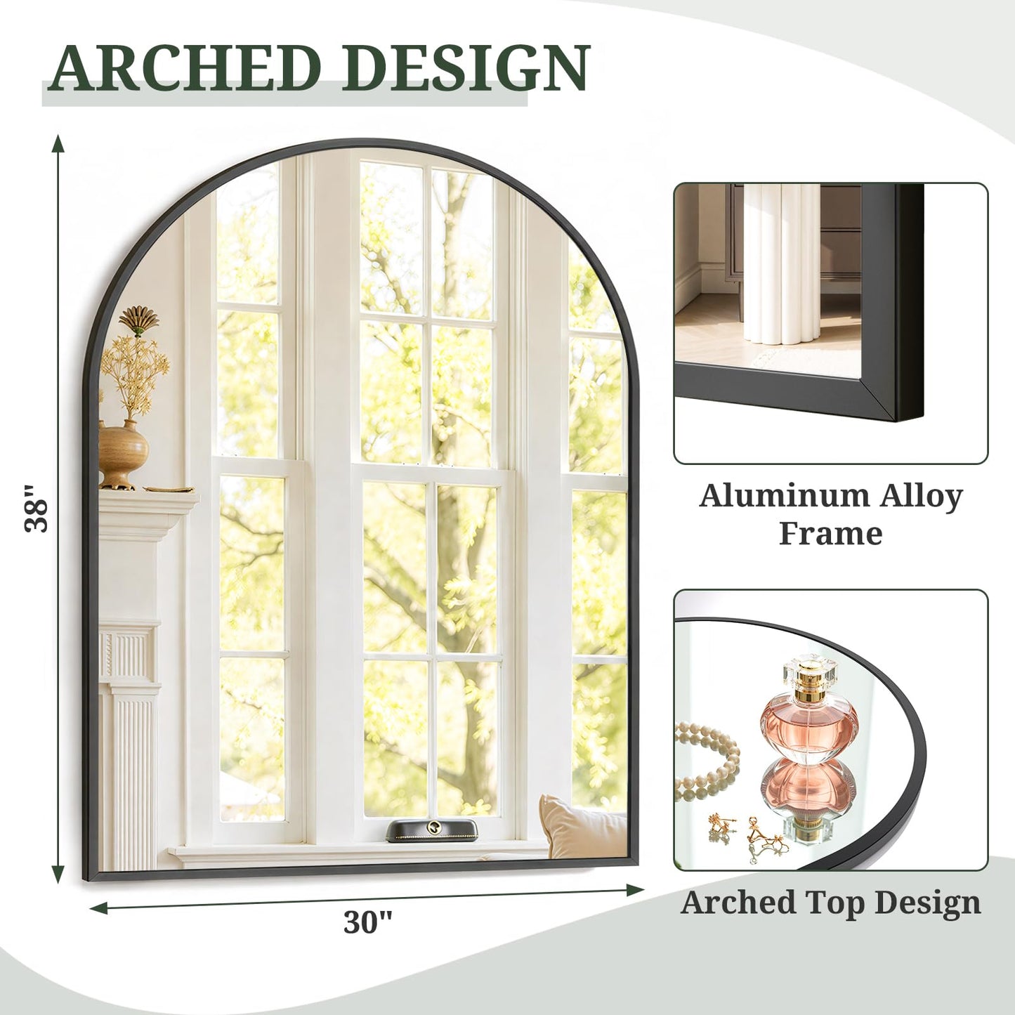 Arched Wall Mirror 36x24 Inch Gold Bathroom Vanity Mirror with Metal Frame, Modern Arch Mirror for Bedroom, Living Room, Entryway, Wall Mounted Decorative Mirror