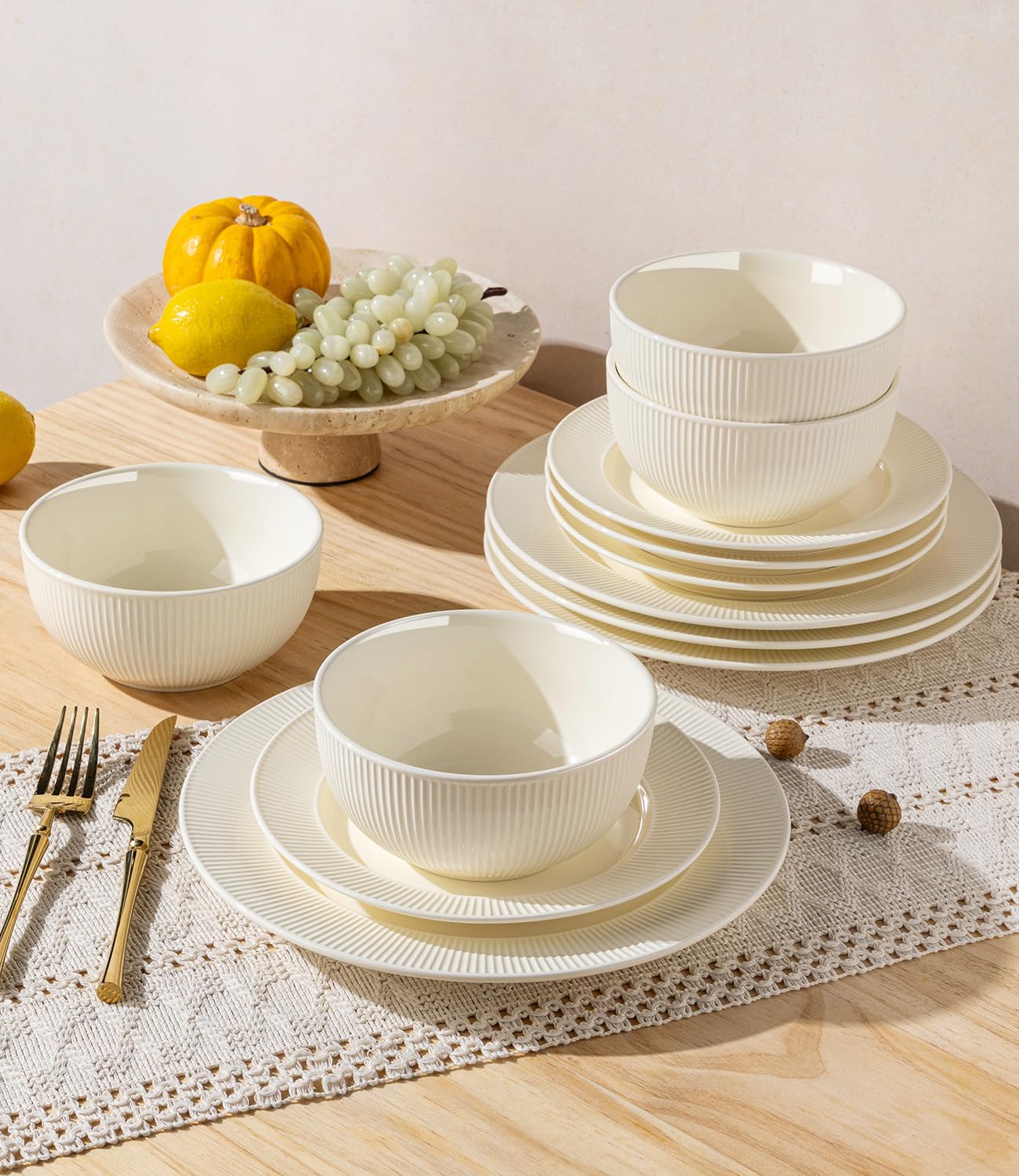TheTerra Ceramic Dinnerware Sets for 4, 12 Pieces Porcelain Lightweight Plates and Bowls Sets, Scratch Resistant Dish Set, Oven & Microwave & Dishwasher Safe, Beige