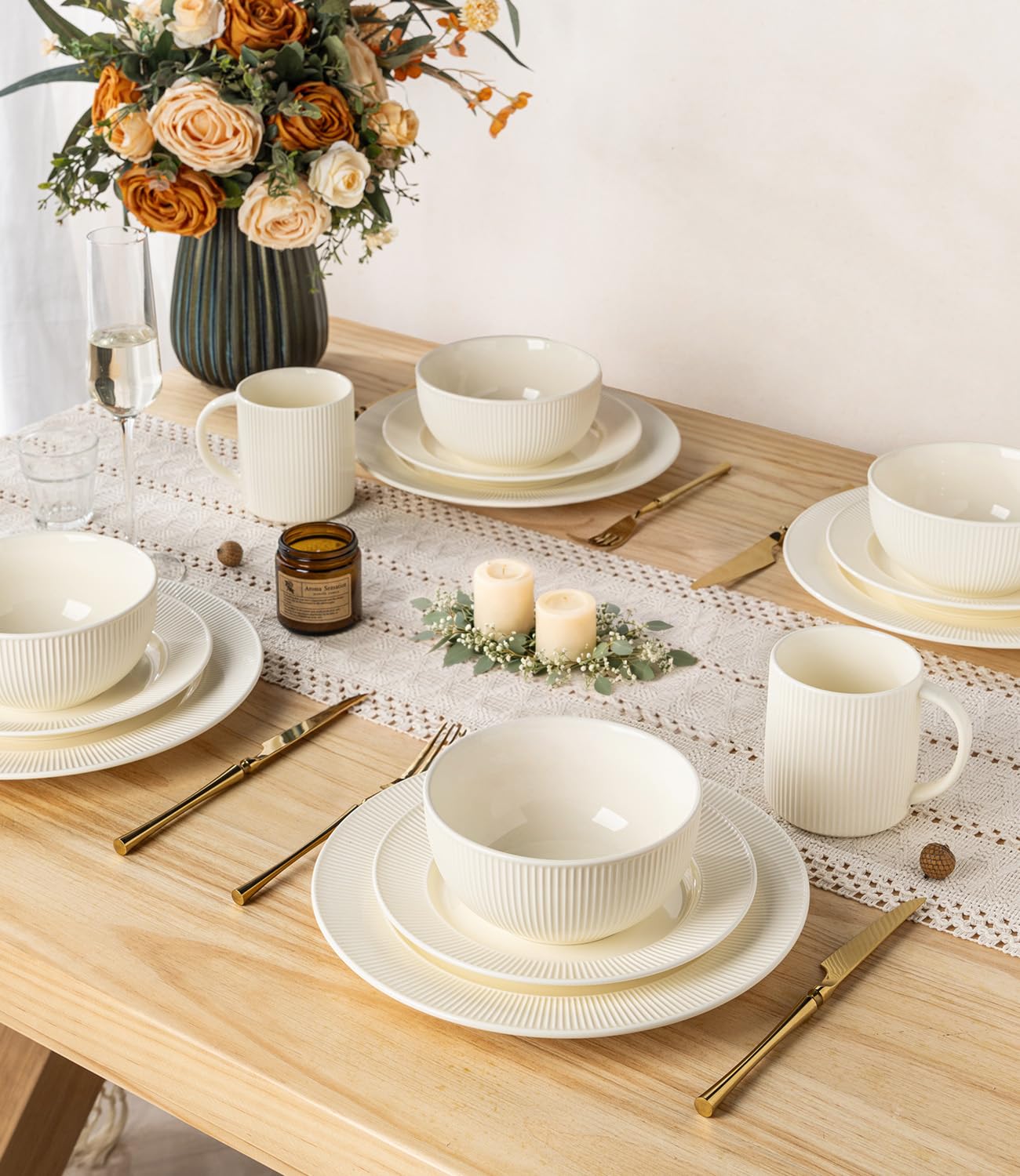 TheTerra Ceramic Dinnerware Sets for 4, 12 Pieces Porcelain Lightweight Plates and Bowls Sets, Scratch Resistant Dish Set, Oven & Microwave & Dishwasher Safe, Beige