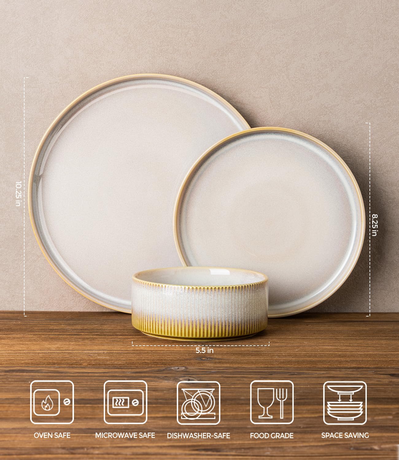 TheTerra Ceramic Dinnerware Sets for 4, 12 Pieces Porcelain Lightweight Plates and Bowls Sets, Scratch Resistant Dish Set, Oven & Microwave & Dishwasher Safe, Beige