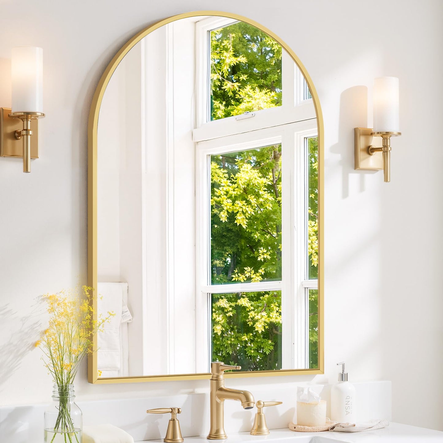 Arched Wall Mirror 36x24 Inch Gold Bathroom Vanity Mirror with Metal Frame, Modern Arch Mirror for Bedroom, Living Room, Entryway, Wall Mounted Decorative Mirror