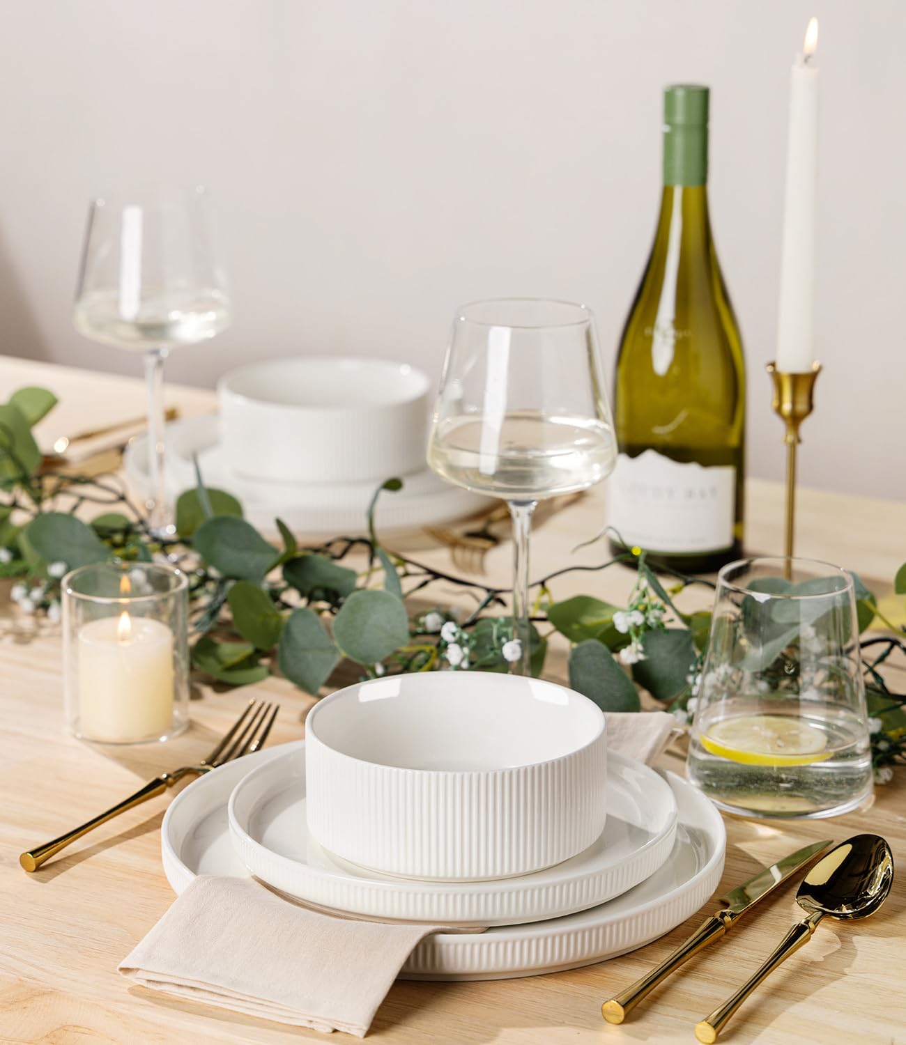 TheTerra Ceramic Dinnerware Sets for 4, 12 Pieces Porcelain Lightweight Plates and Bowls Sets, Scratch Resistant Dish Set, Oven & Microwave & Dishwasher Safe, Beige