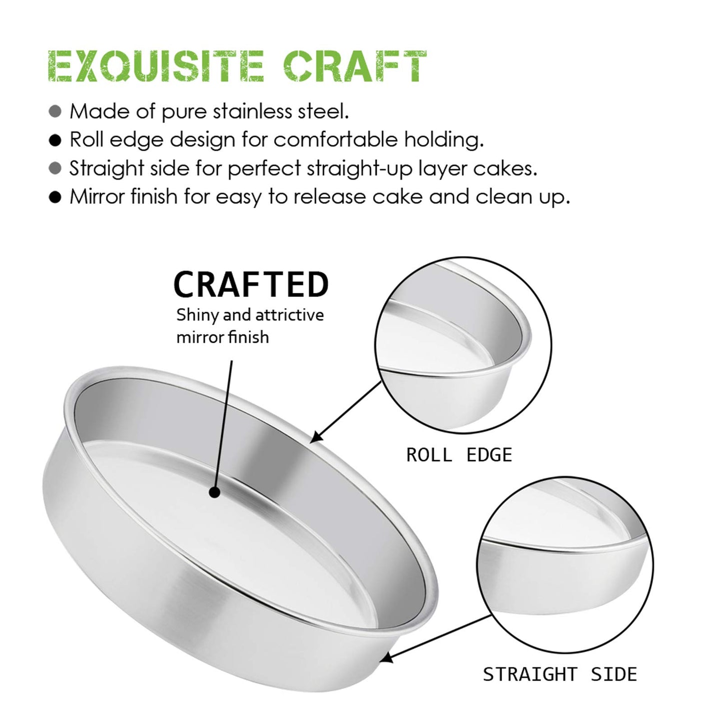 E-far 8 Inch Cake Pan Set of 3, Stainless Steel Round Layer Cake Baking Pans, Non-Toxic & Healthy, Mirror Finish & Dishwasher Safe