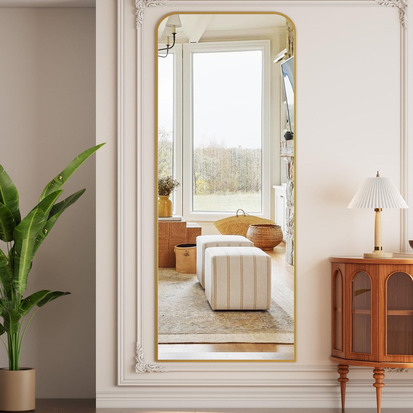 Full Length Mirror 65"x24" Arched Floor Standing Large Mirrors Full Body Mirror with Stand - with Aluminum Frame for Bedroom Living Room, Black