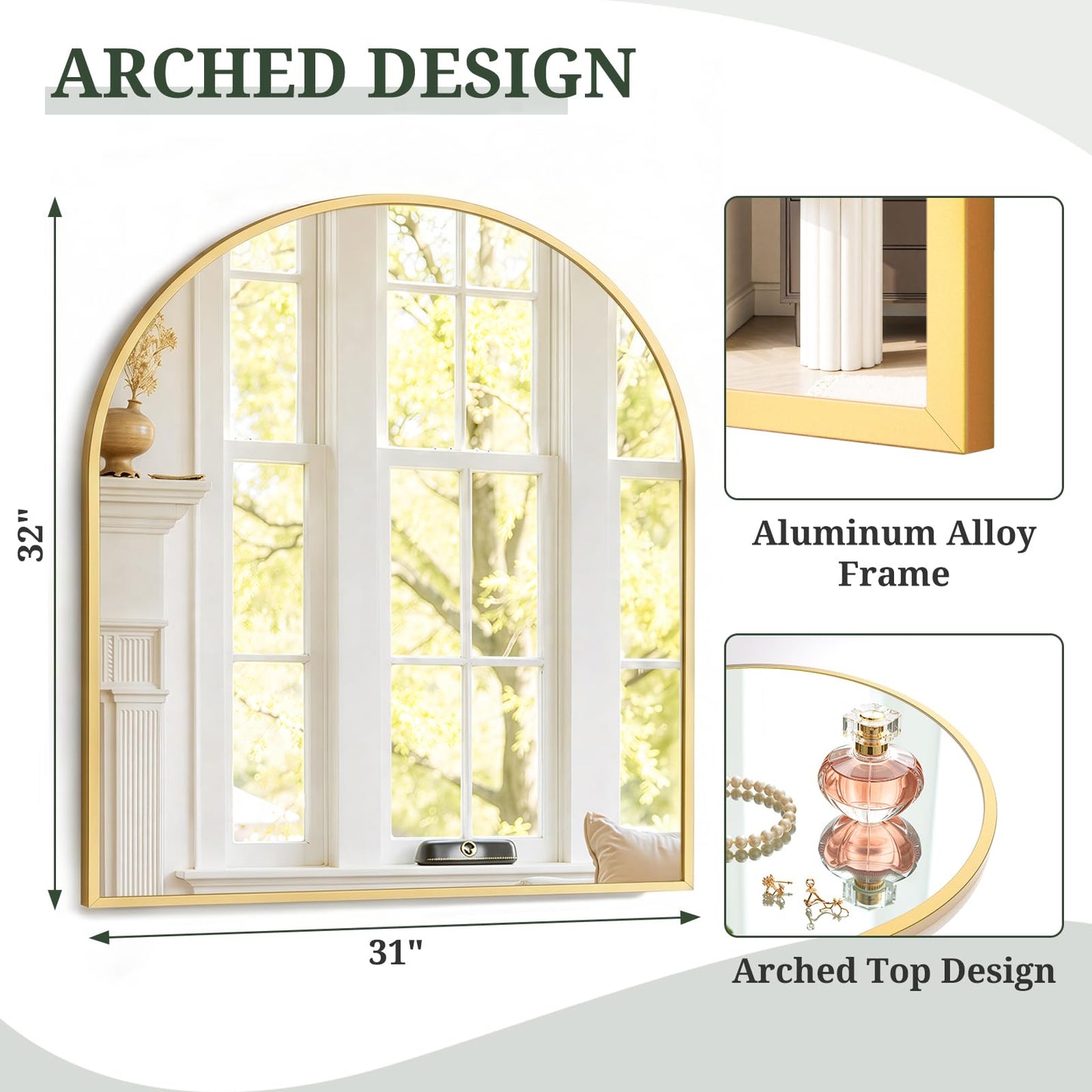 Arched Wall Mirror 36x24 Inch Gold Bathroom Vanity Mirror with Metal Frame, Modern Arch Mirror for Bedroom, Living Room, Entryway, Wall Mounted Decorative Mirror