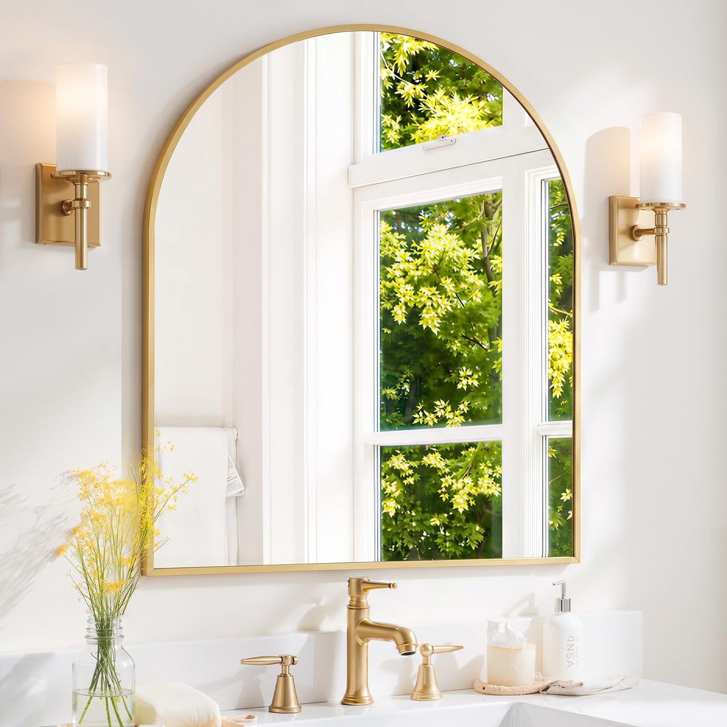 Arched Wall Mirror 36x24 Inch Gold Bathroom Vanity Mirror with Metal Frame, Modern Arch Mirror for Bedroom, Living Room, Entryway, Wall Mounted Decorative Mirror