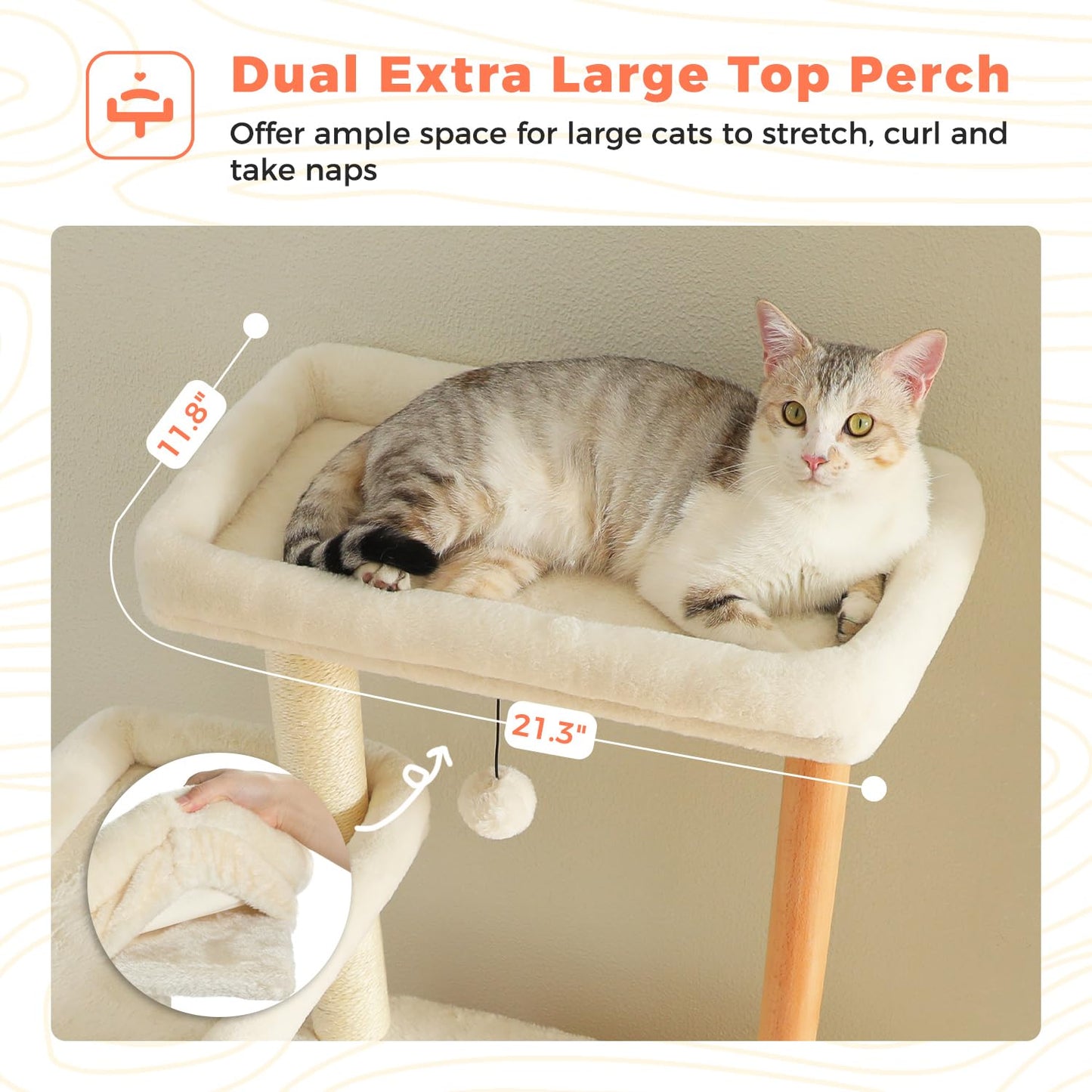 53" Modern Cat Tree for Large Cats, Wooden Cat Tower with Fully Sisal Covered Scratching Posts and Solid Wood Posts, Cat Furniture with Spacious Perch and Cozy Condo Beige