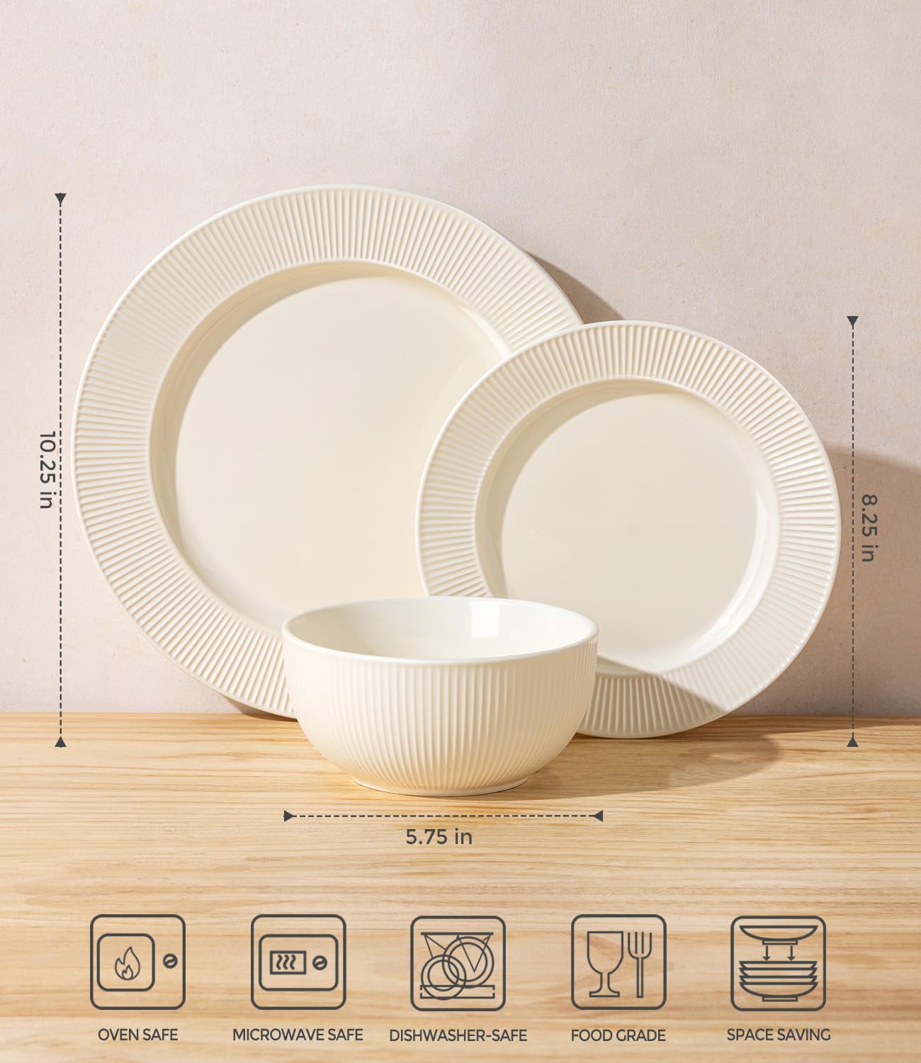 TheTerra Ceramic Dinnerware Sets for 4, 12 Pieces Porcelain Lightweight Plates and Bowls Sets, Scratch Resistant Dish Set, Oven & Microwave & Dishwasher Safe, Beige