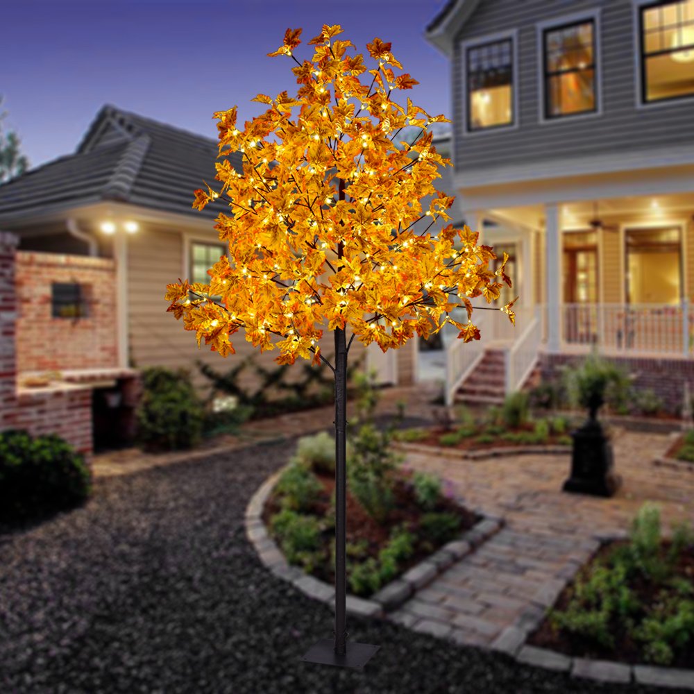 LIGHTSHARE 6FT 120LED Artificial Lighted Maple Tree Warm White Fall Decorations Indoor Ourdoor, Orange