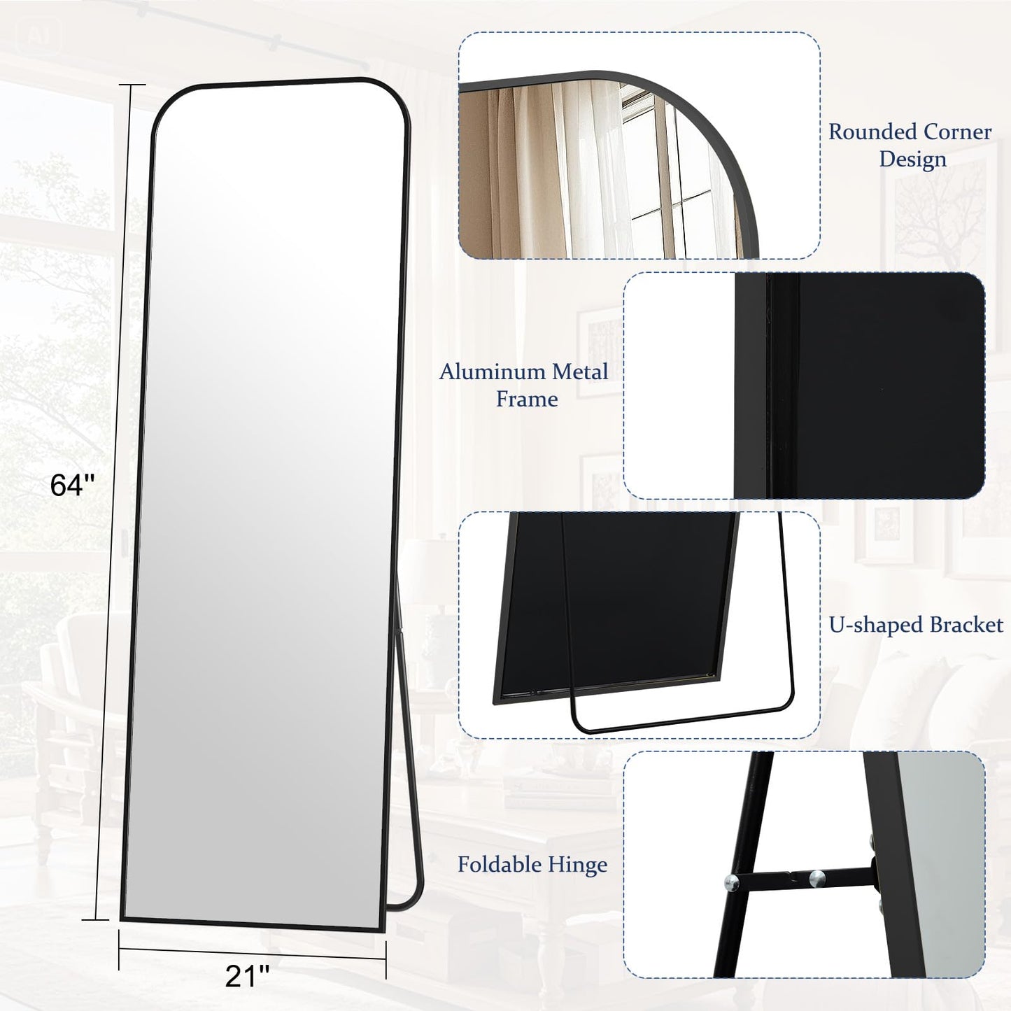 Full Length Mirror 65"x24" Arched Floor Standing Large Mirrors Full Body Mirror with Stand - with Aluminum Frame for Bedroom Living Room, Black