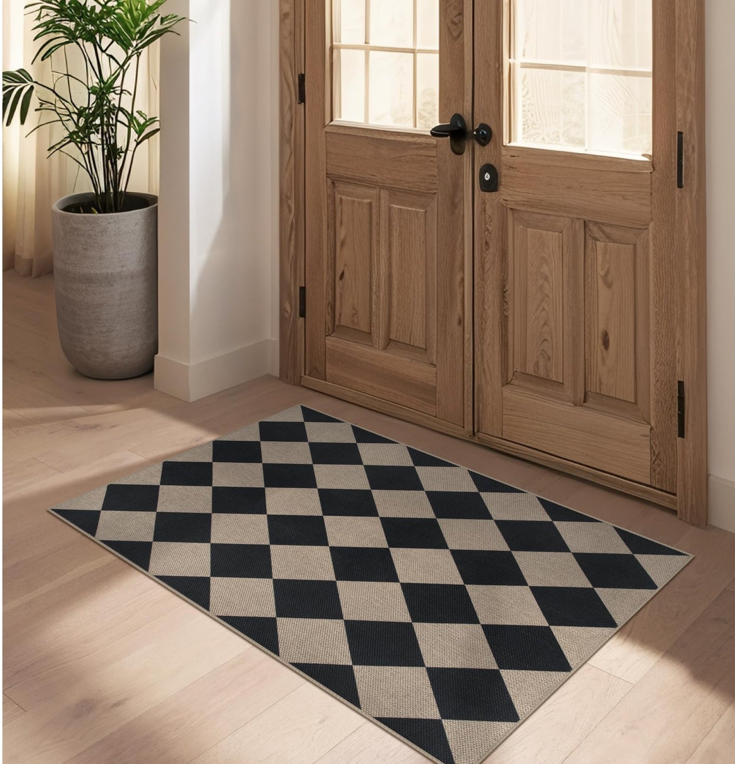 Rugalia Easy Jute Checkered Entryway Rug, 2x3 Black Modern Indoor Outdoor Doormat, Washable Non-Slip Neutral Small Kitchen Rug Farmhouse Diamond Throw Rugs for Entrance Bedroom Bathroom