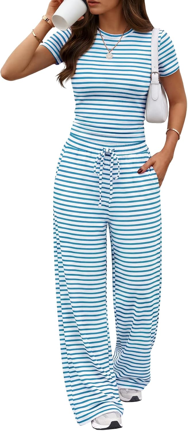 Trendy Queen 2 Piece Matching Summer Lounge Set Womens Side Ruching Top Wide Leg Pants Sets with Pockets