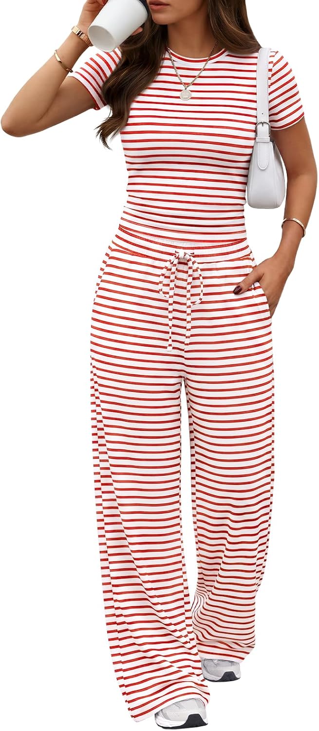 Trendy Queen 2 Piece Matching Summer Lounge Set Womens Side Ruching Top Wide Leg Pants Sets with Pockets